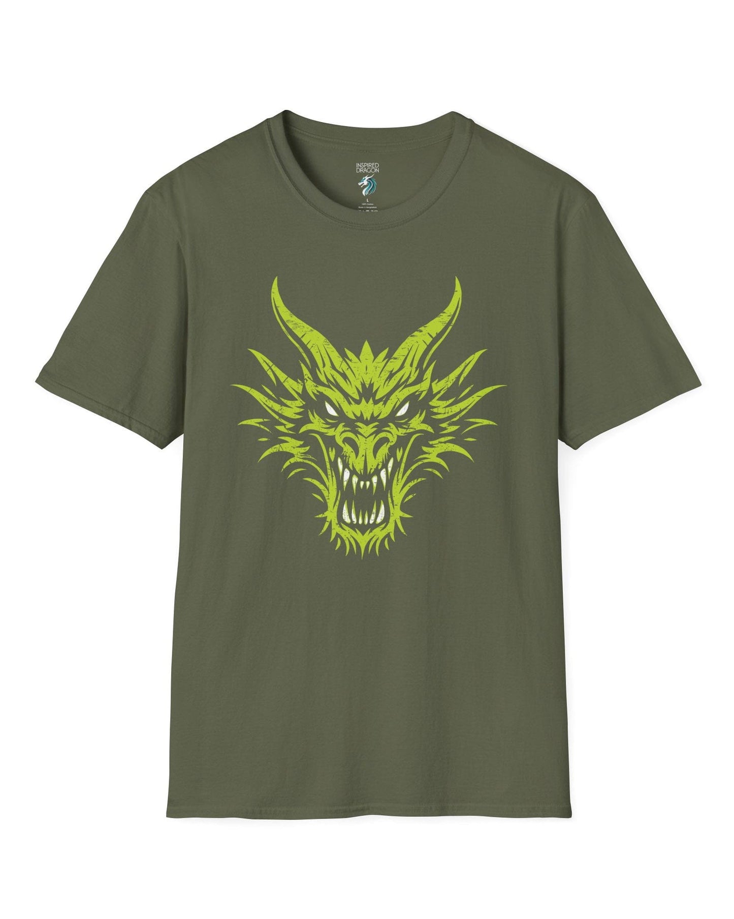 Out of the Shadows shirt in military green featuring a distressed neon green dragon head with fierce glowing eyes.