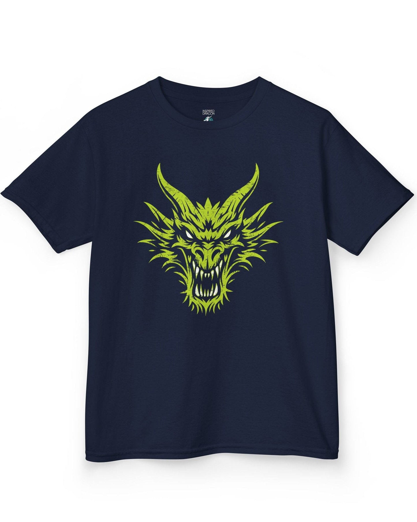 Out of the Shadows shirt in navy featuring a distressed neon green dragon head with fierce glowing eyes.