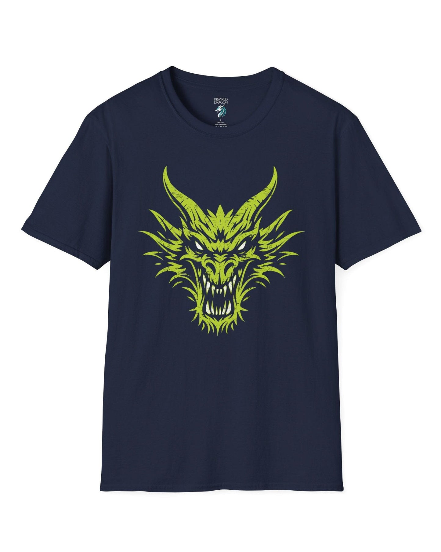 Out of the Shadows shirt in navy featuring a distressed neon green dragon head with fierce glowing eyes.