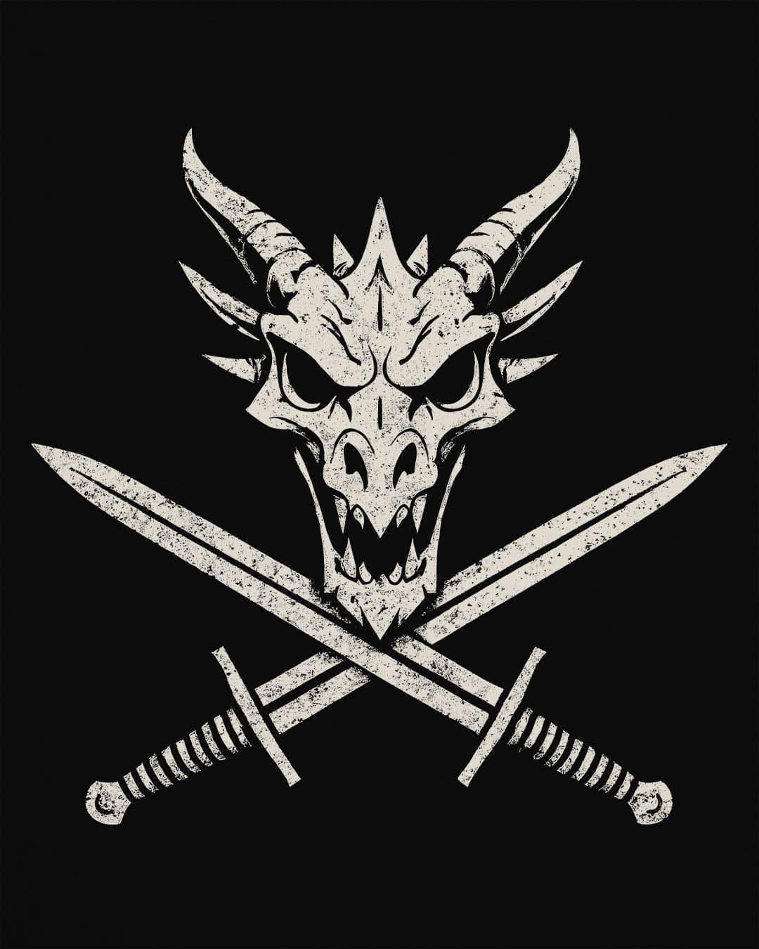 Skull and Crossblades shirt in black featuring a fierce dragon skull with crossed swords in distressed style.