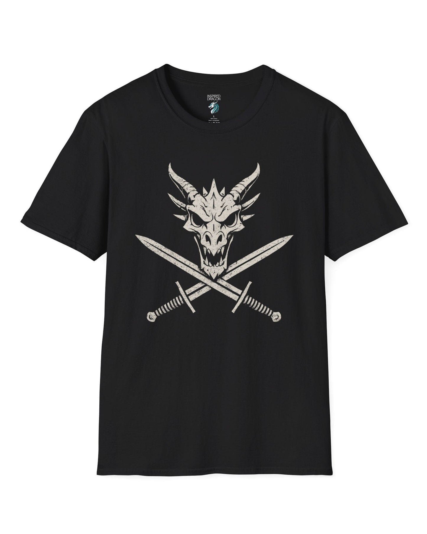 Skull and Crossblades shirt in black featuring a fierce dragon skull with crossed swords in distressed style.