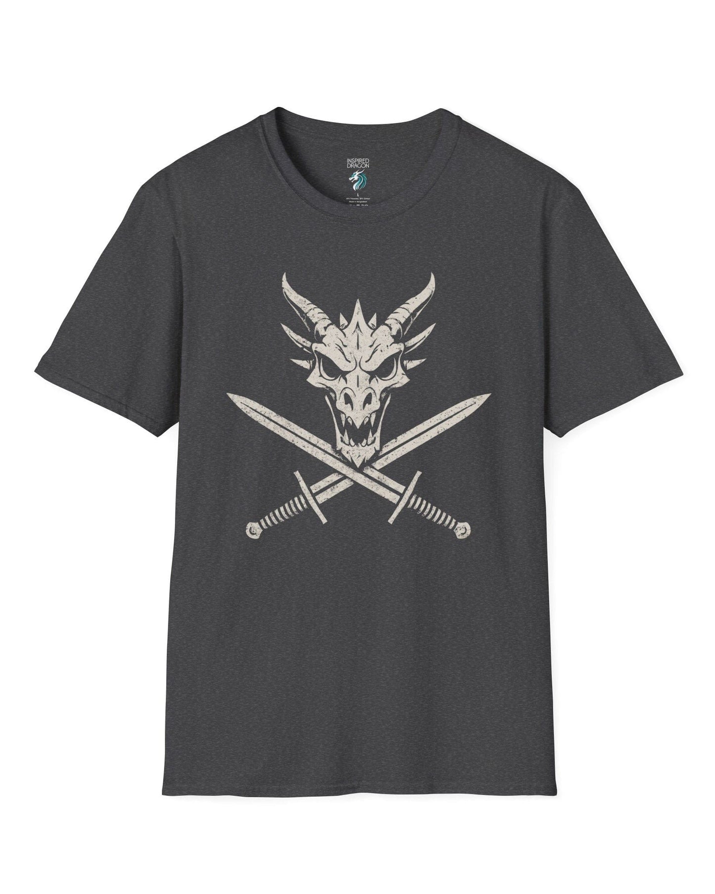 Skull and Crossblades shirt in dark heather grey featuring a fierce dragon skull with crossed swords in distressed style.