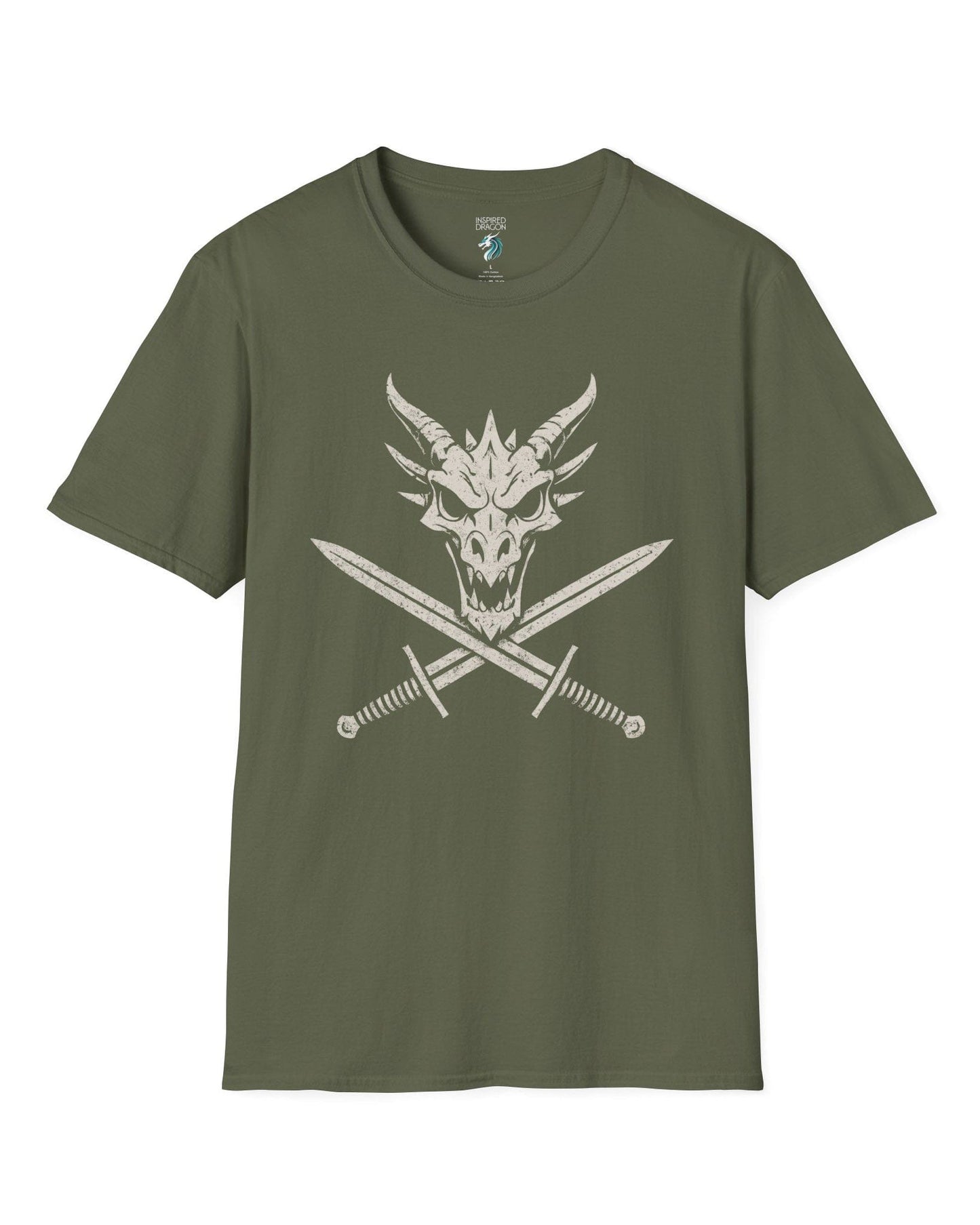 Skull and Crossblades shirt in military green featuring a fierce dragon skull with crossed swords in distressed style.