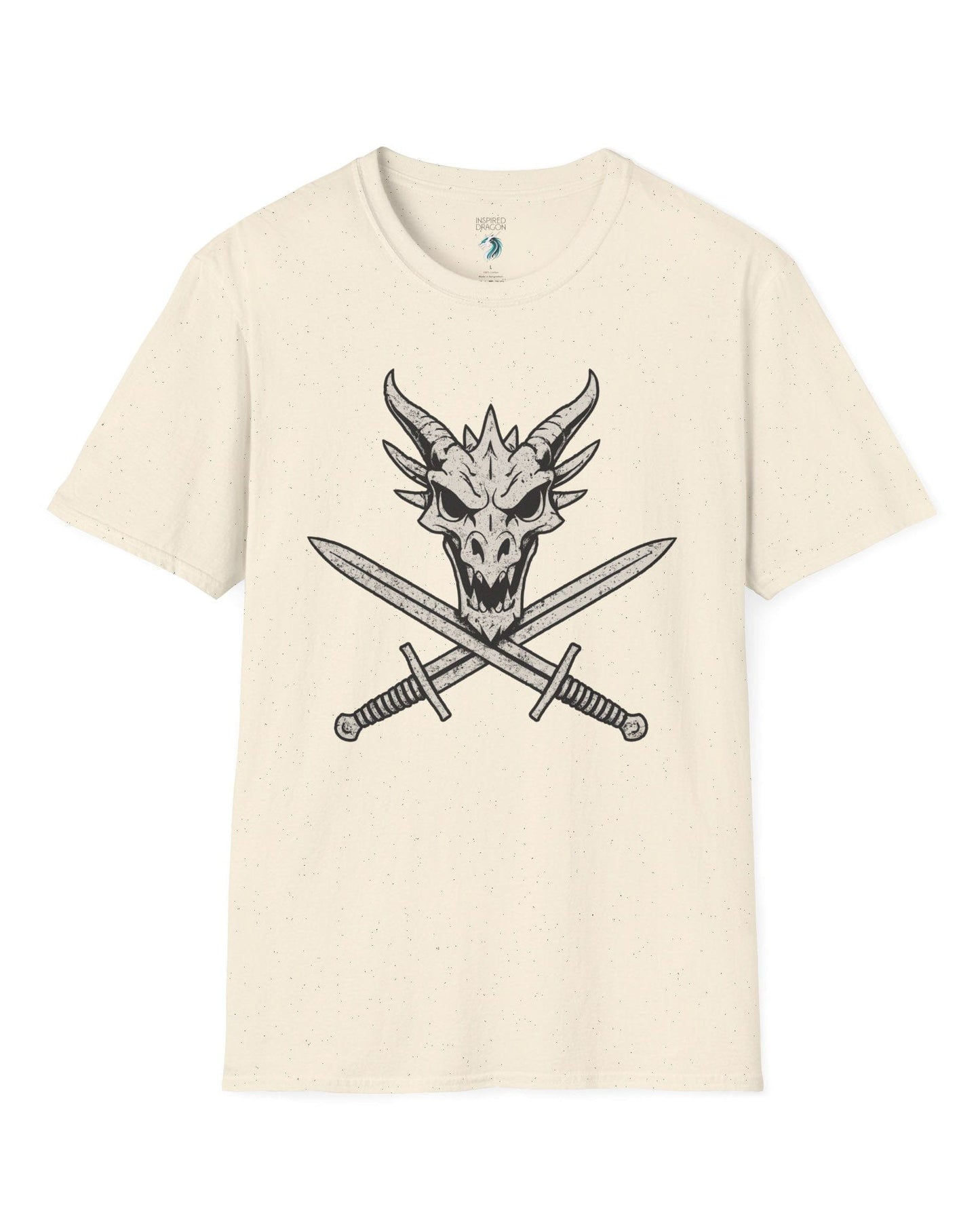 Skull and Crossblades shirt in natural featuring a fierce dragon skull with crossed swords in distressed style.