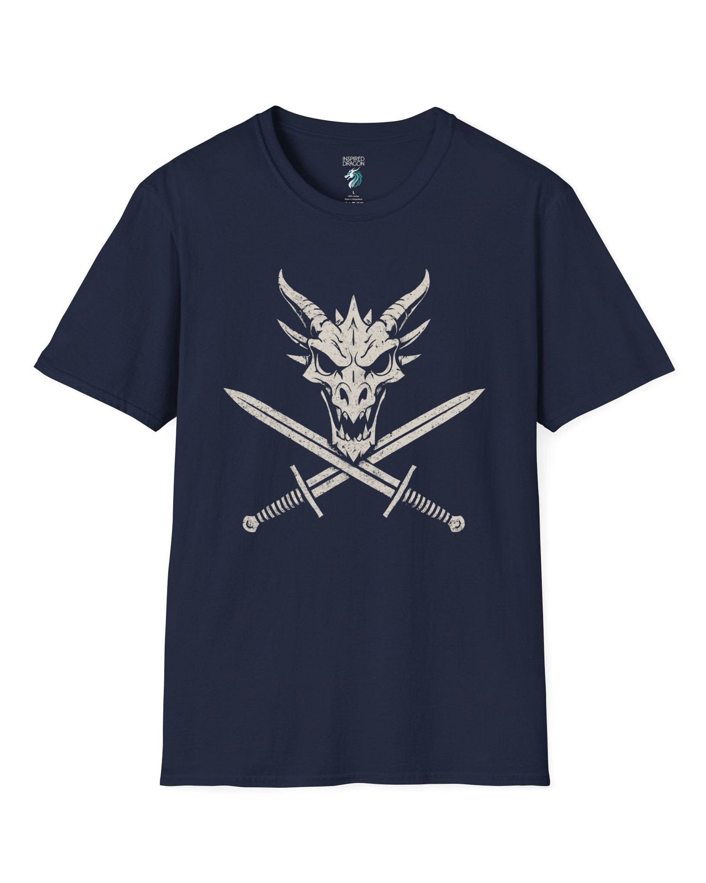 Skull and Crossblades shirt in navy featuring a fierce dragon skull with crossed swords in distressed style.