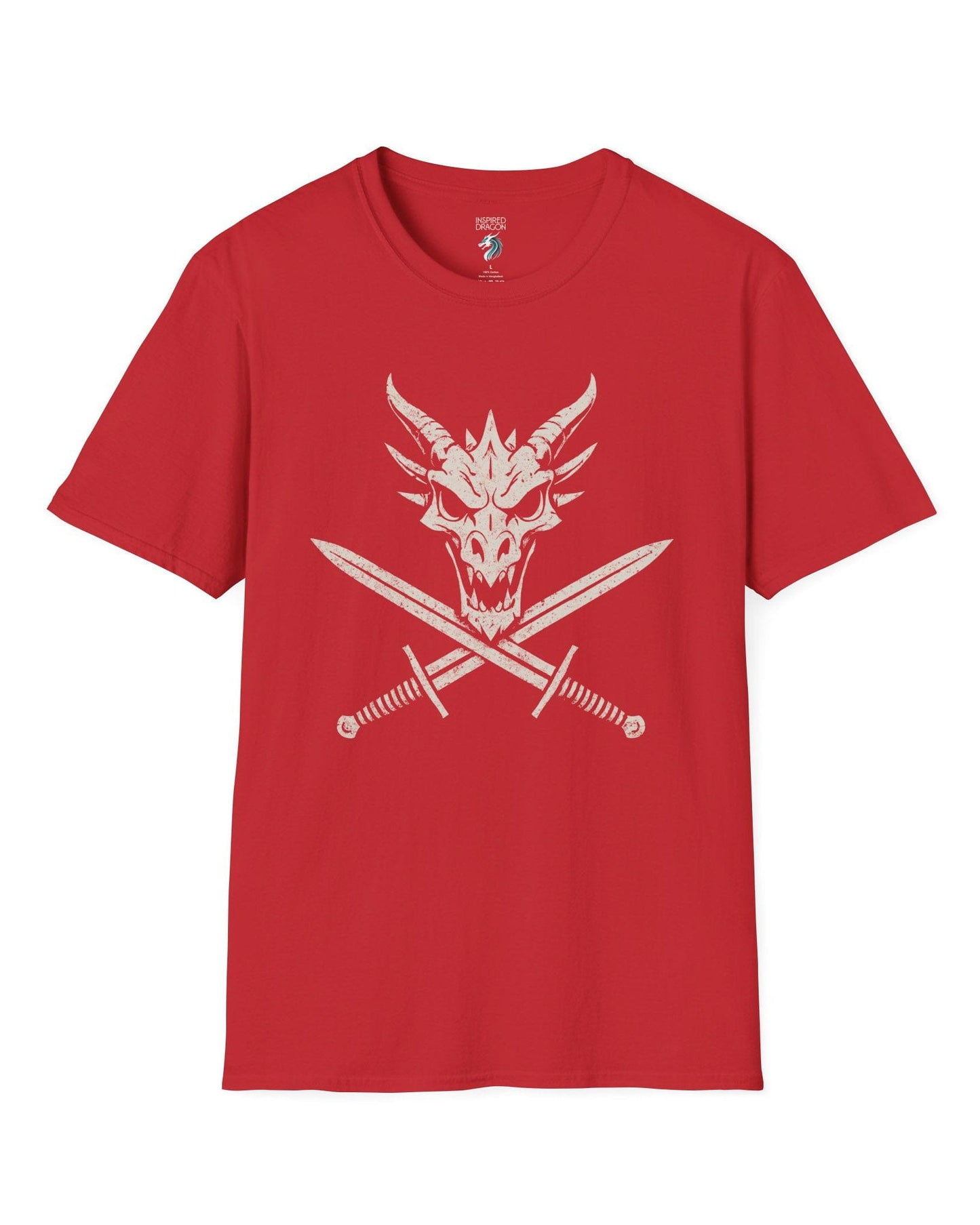 Skull and Crossblades shirt in red featuring a fierce dragon skull with crossed swords in distressed style.