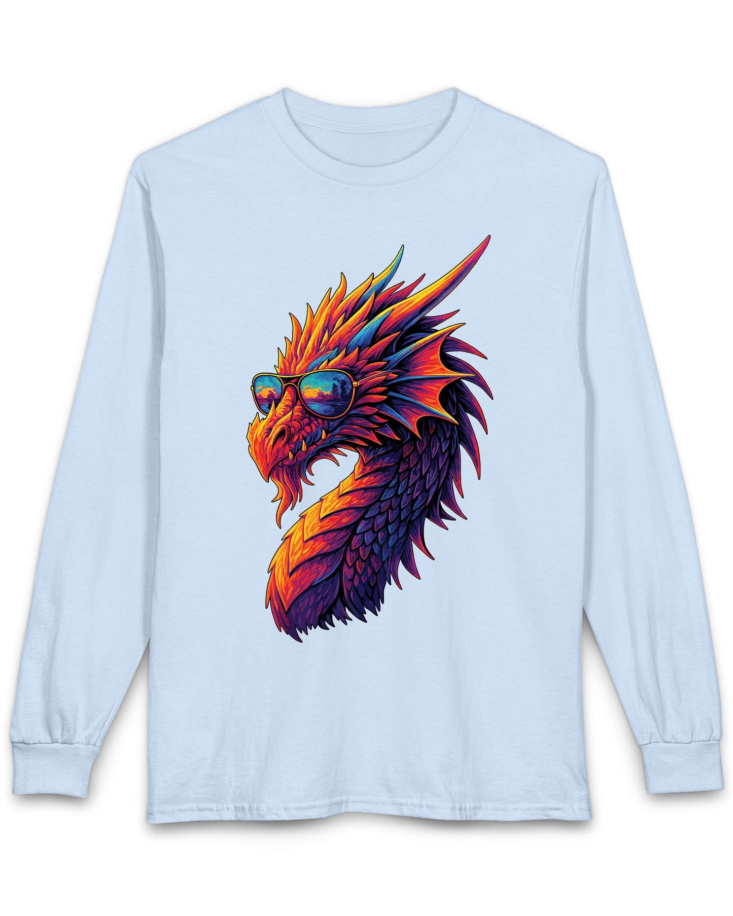 Sunset Blaze shirt in light blue featuring a neon dragon in sunglasses with fiery sunset colors across its scales