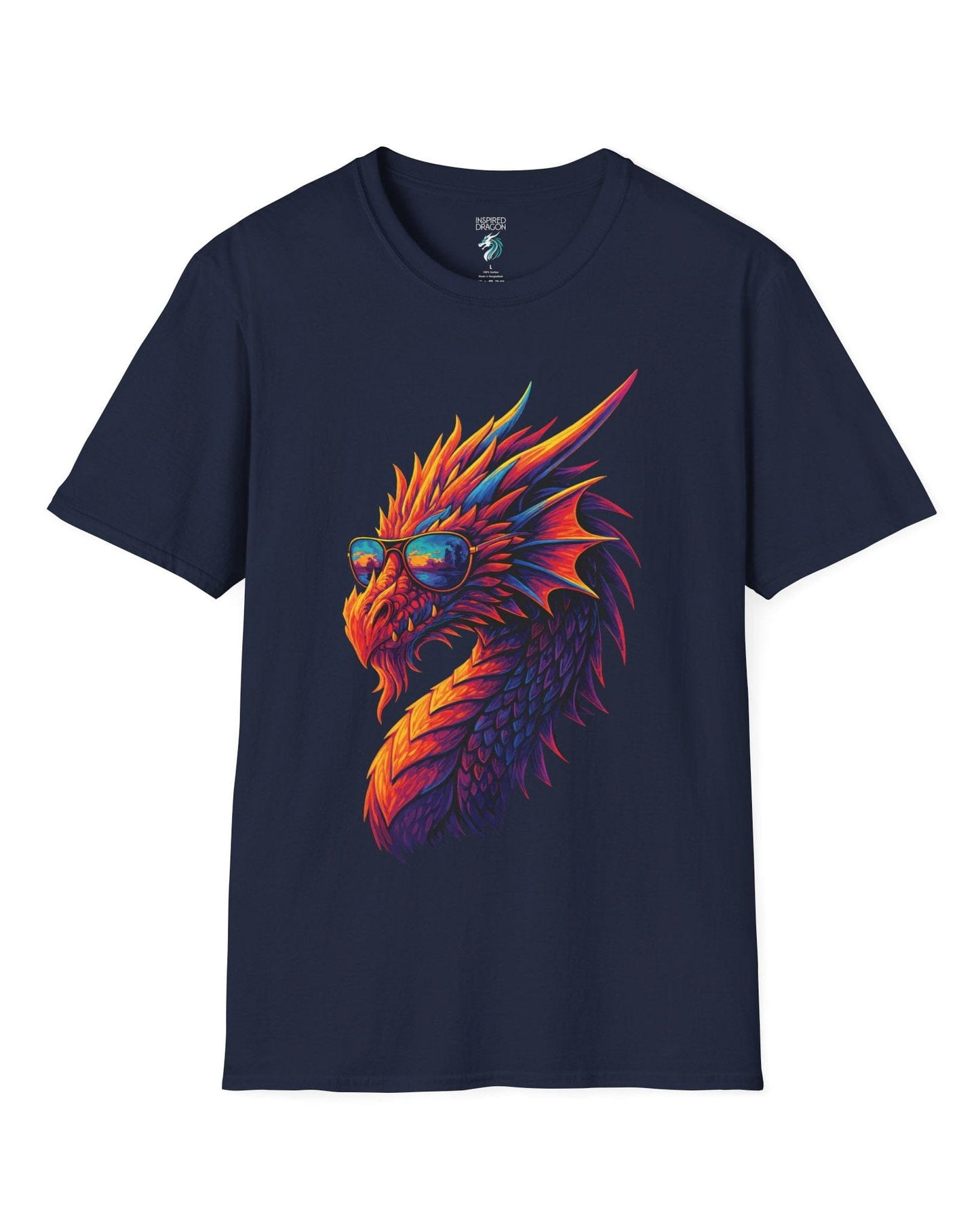 Sunset Blaze shirt in navy featuring a neon dragon in sunglasses with fiery sunset colors across its scales.