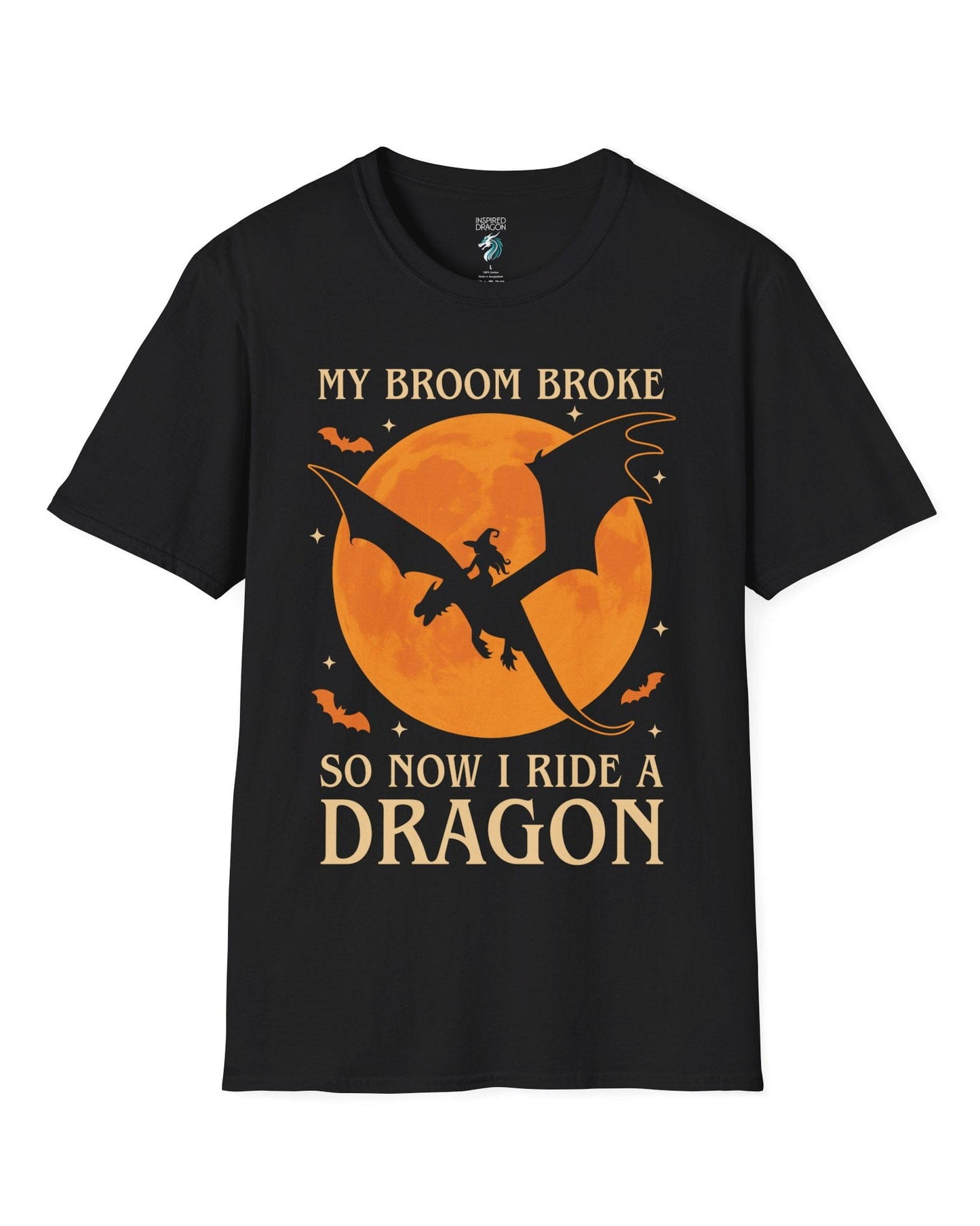 My Broom Broke shirt in black featuring a witch riding a dragon across an orange full moon with bats.