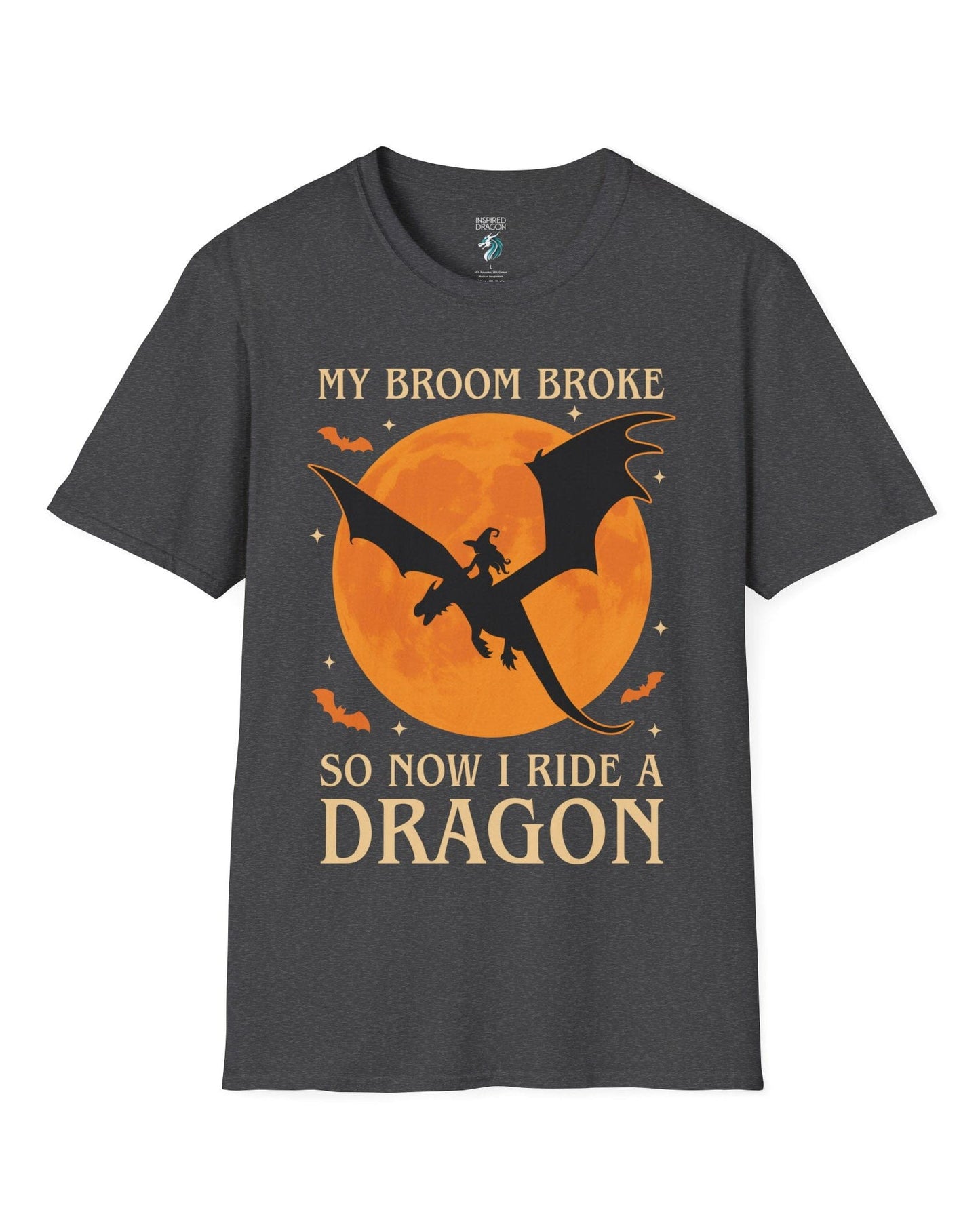 My Broom Broke shirt in dark heather grey featuring a witch riding a dragon across an orange full moon with bats.