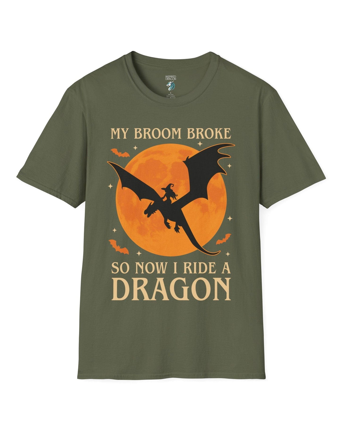 My Broom Broke shirt in military green featuring a witch riding a dragon across an orange full moon with bats.