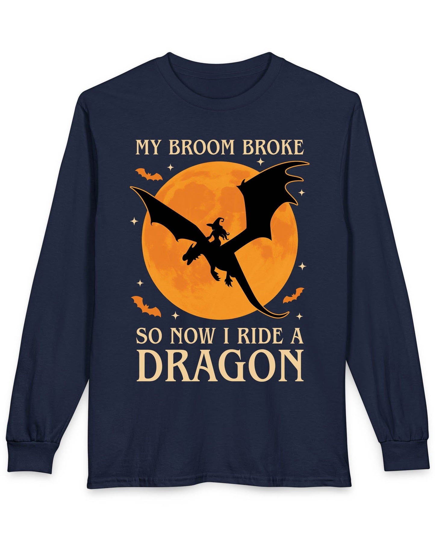 My Broom Broke shirt in navy featuring a witch riding a dragon across an orange full moon with bats.