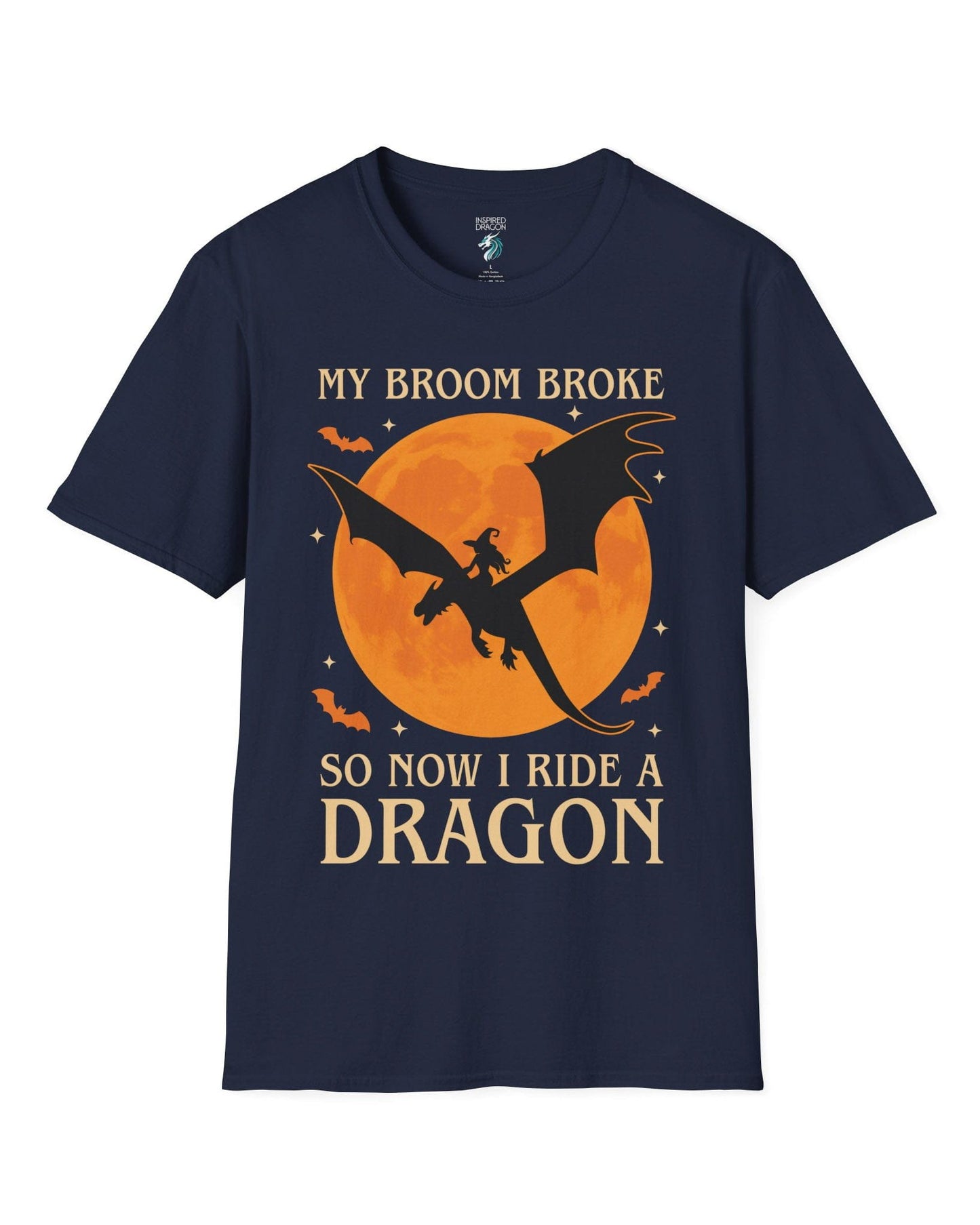 My Broom Broke shirt in navy featuring a witch riding a dragon across an orange full moon with bats.