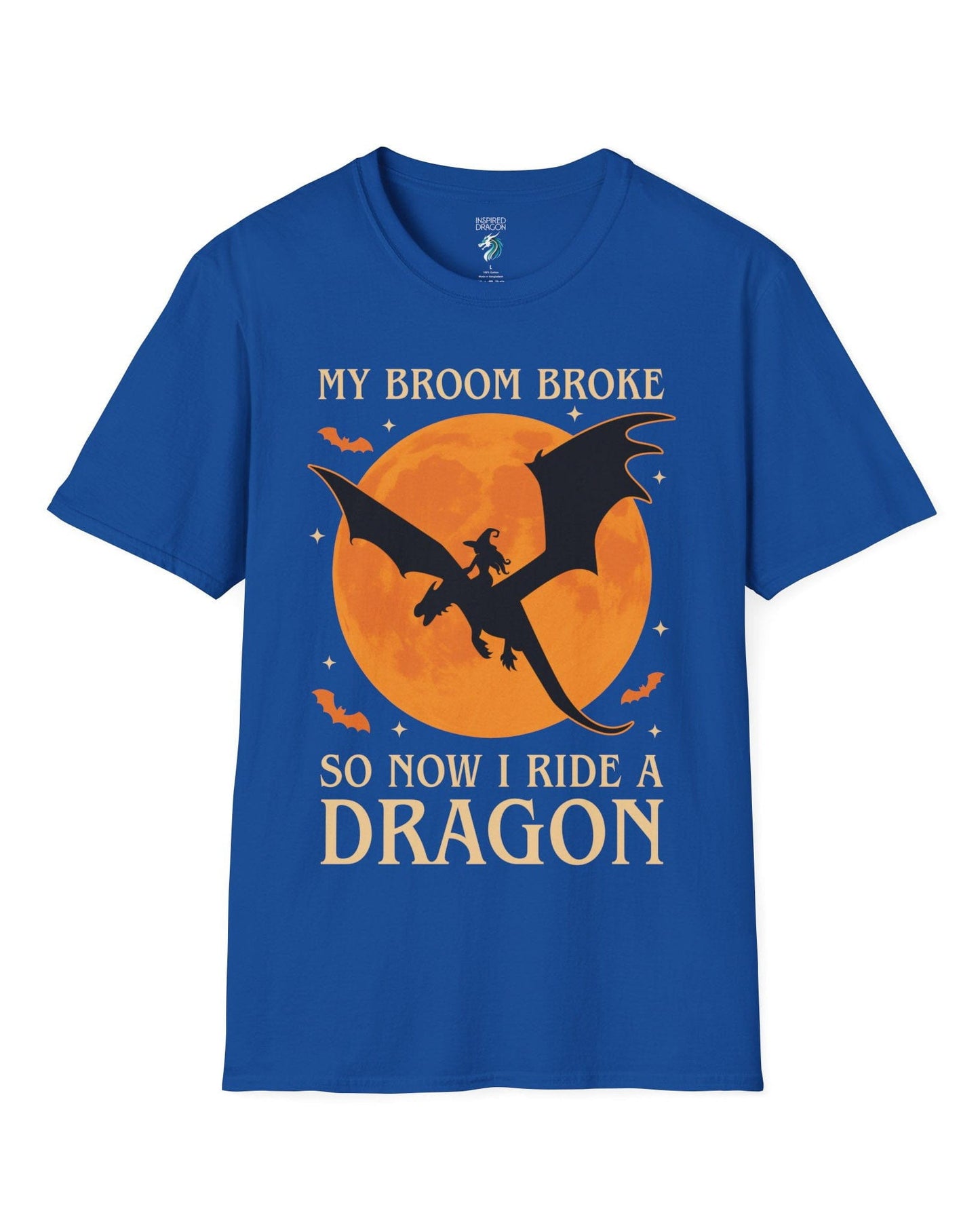 My Broom Broke shirt in royal blue featuring a witch riding a dragon across an orange full moon with bats.