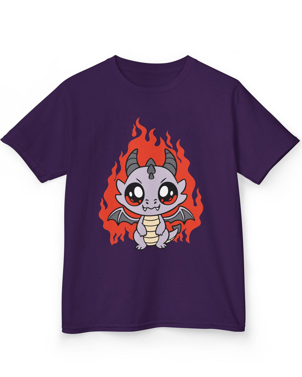 Molten Mischief shirt in purple featuring a cute purple chibi dragon with fiery red flames in the background