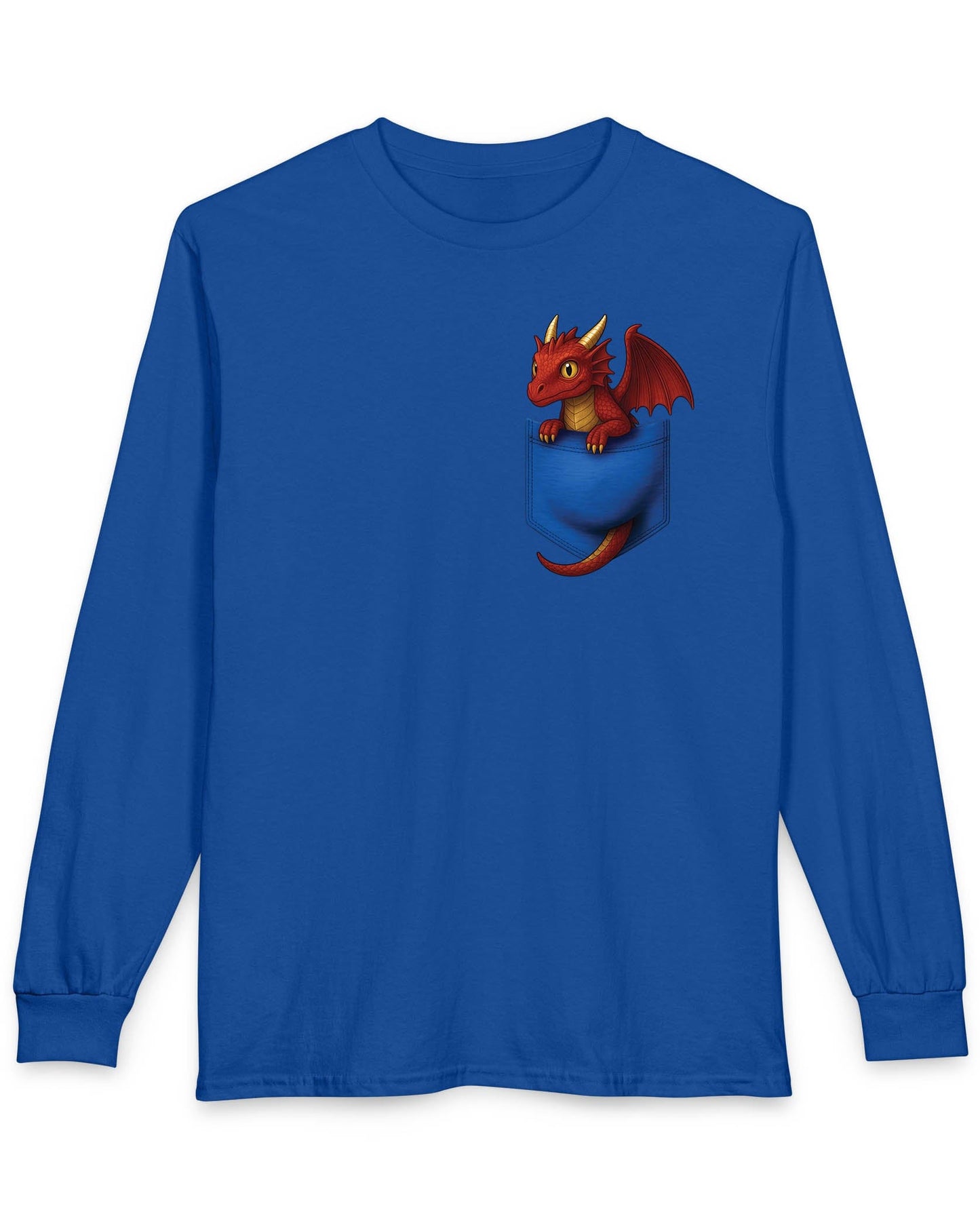 Red Pocket Dragon shirt in royal blue featuring a small red dragon peeking out of a faux pocket.