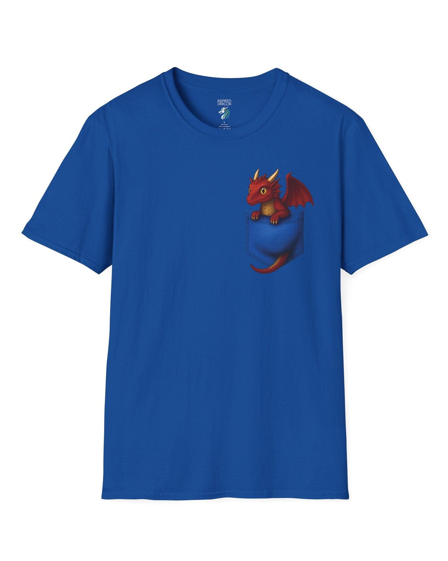 Red Pocket Dragon shirt in royal blue featuring a small red dragon peeking out of a faux pocket.