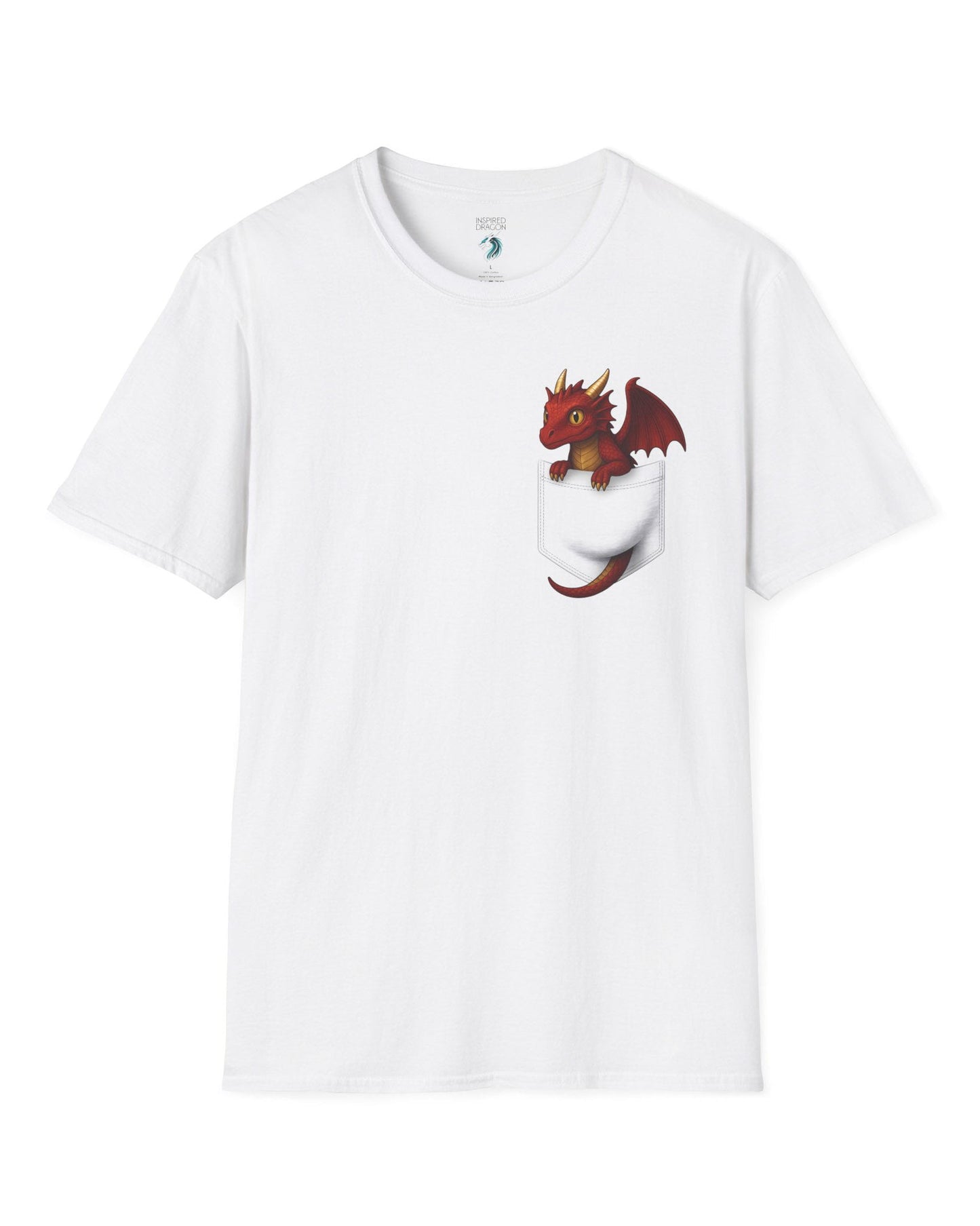 Red Pocket Dragon shirt in white featuring a small red dragon peeking out of a faux pocket.