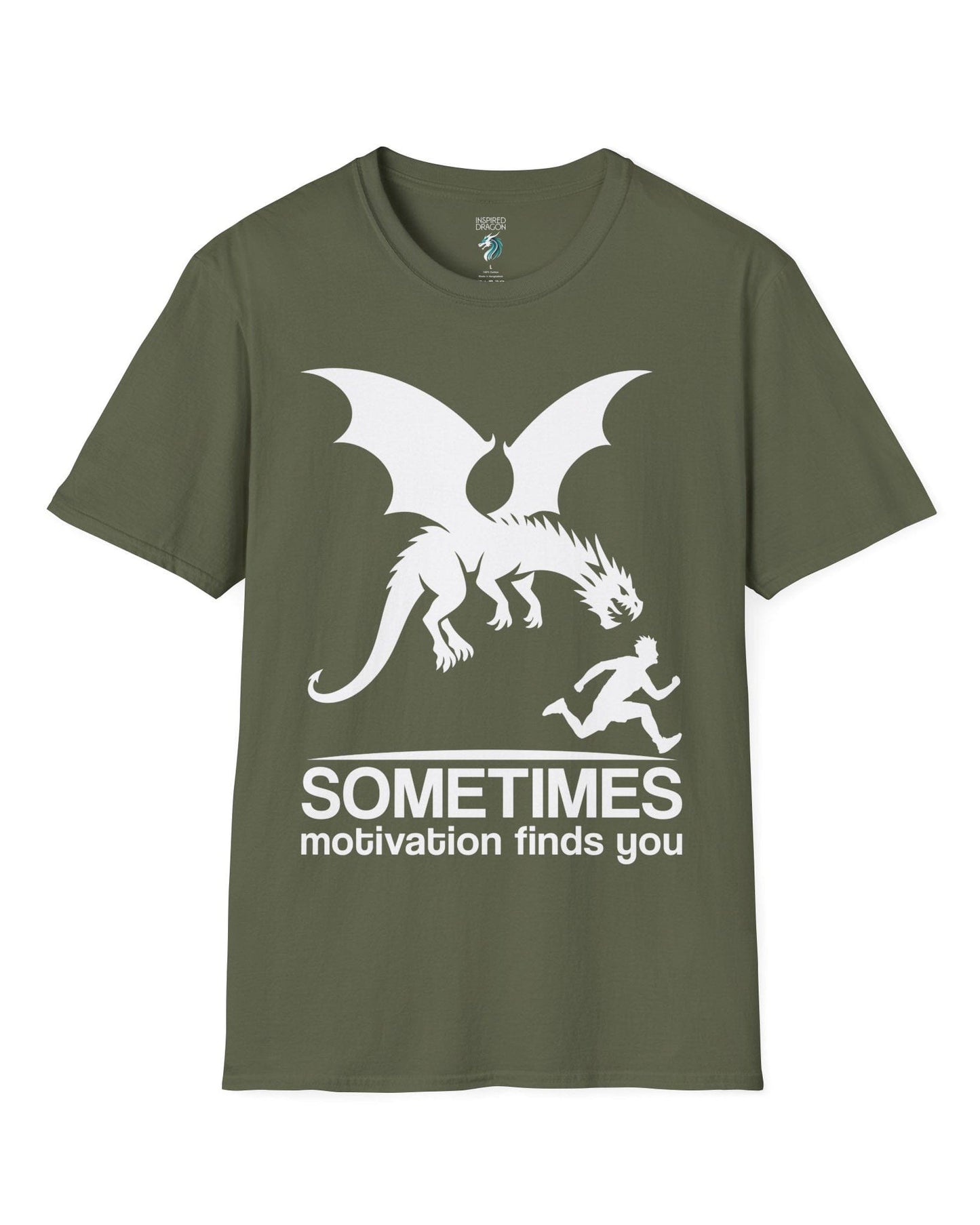Sometimes Motivation Finds You shirt in military green featuring a dragon chasing a running person in bold silhouette.