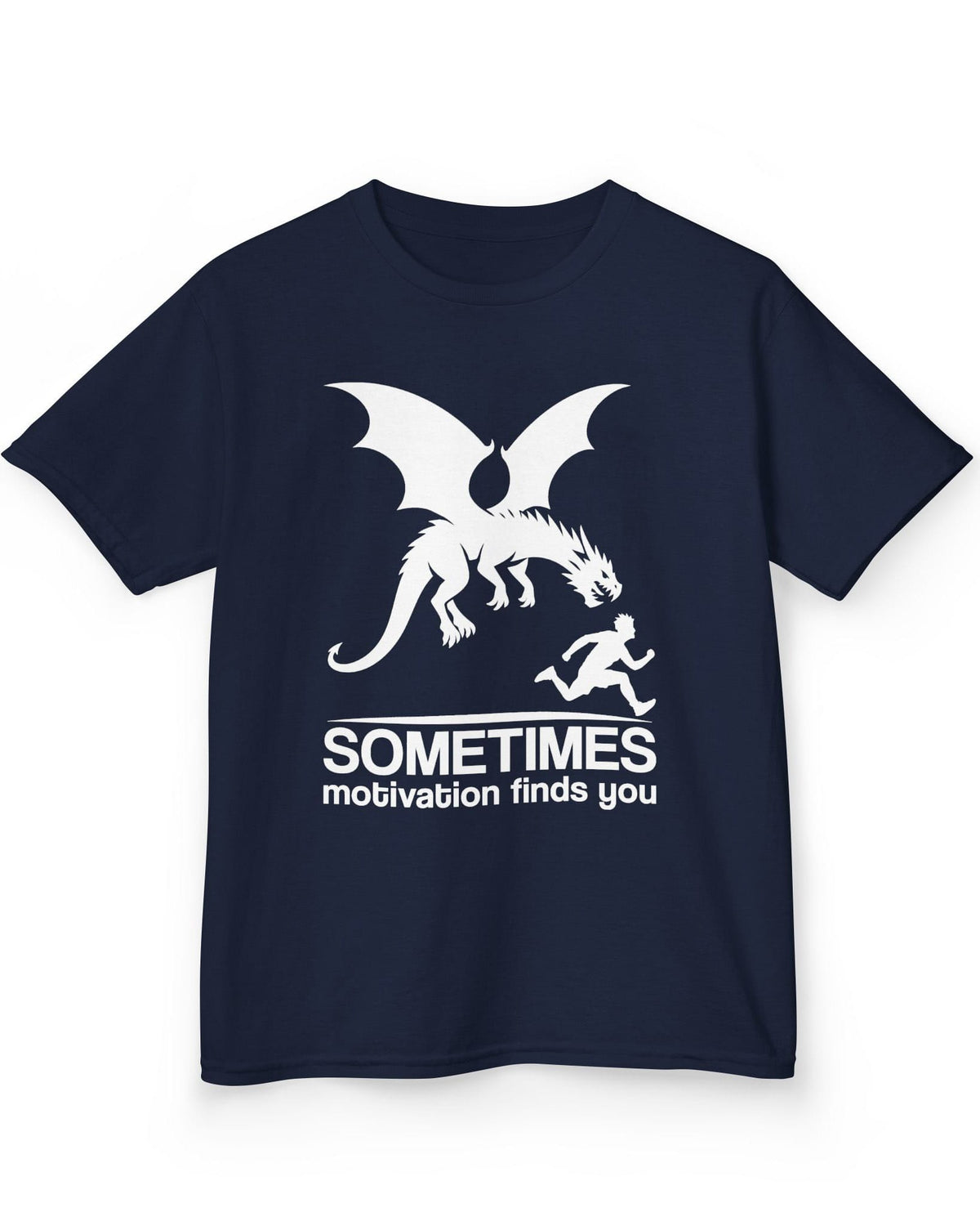 Sometimes Motivation Finds You shirt in navy featuring a dragon chasing a running person in bold silhouette.