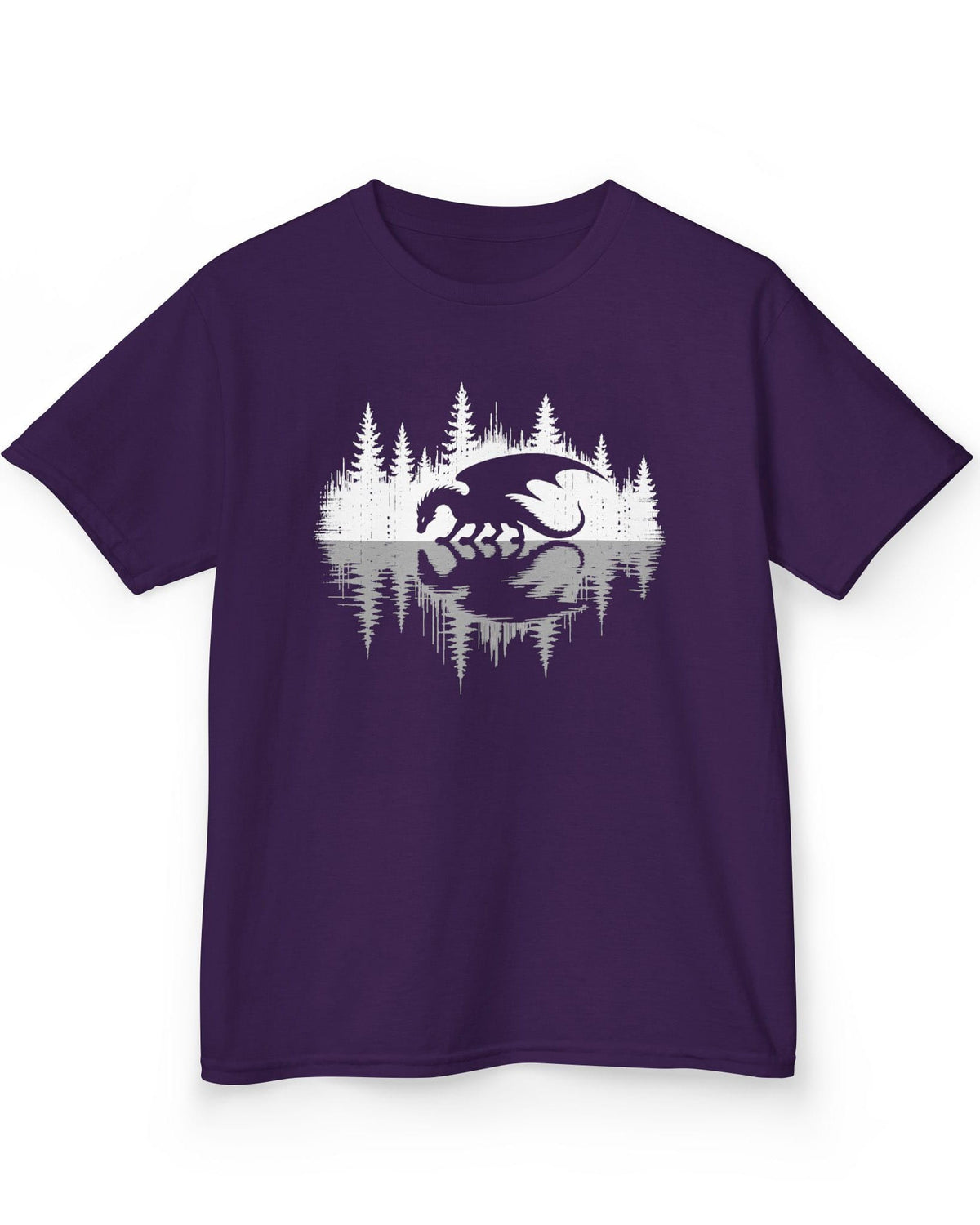Nature's Mirror shirt in purple featuring a dragon at a forest lake with a striking mirrored reflection design.