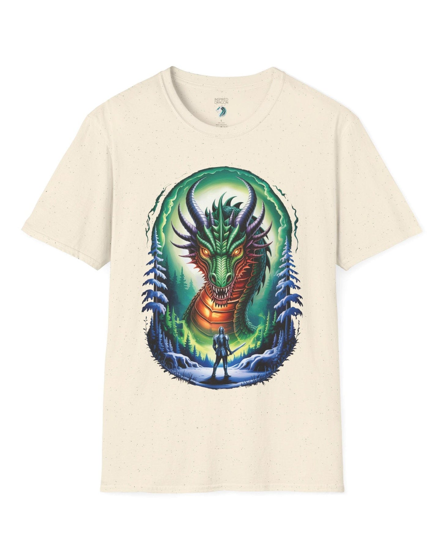In the Dragon's Gaze shirt in natural featuring a knight facing a huge dragon with glowing eyes in a winter forest.