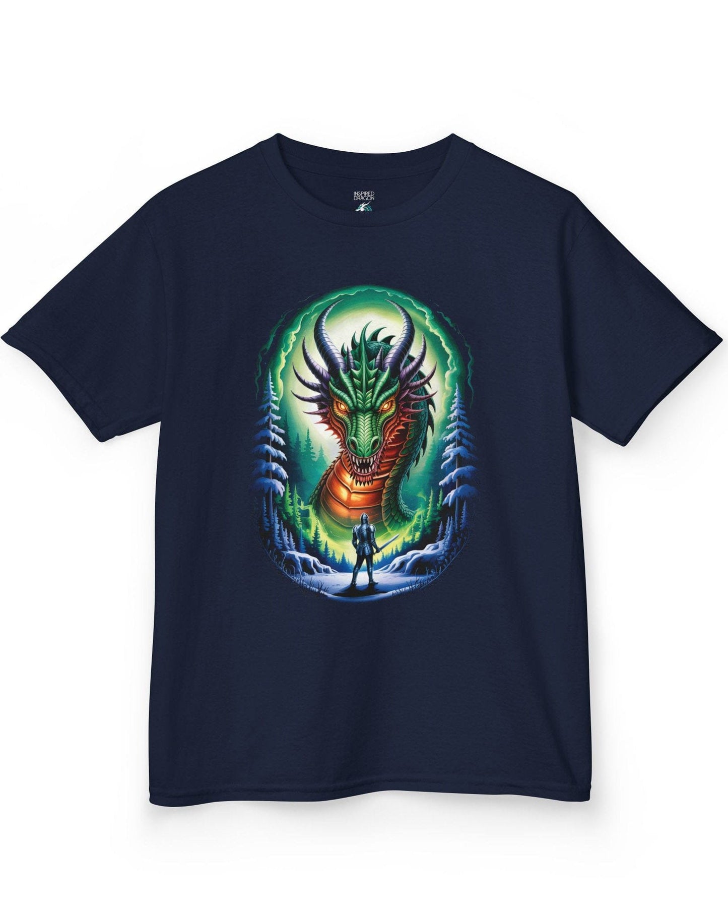 In the Dragon's Gaze shirt in navy featuring a knight facing a huge dragon with glowing eyes in a winter forest.