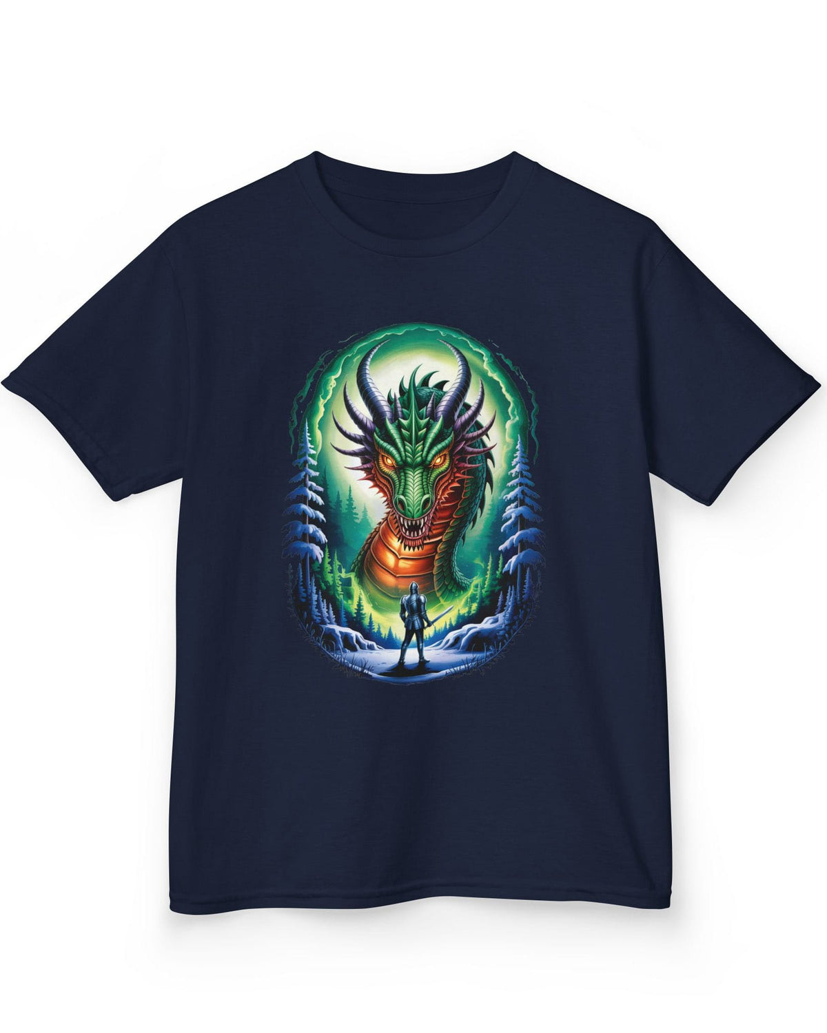 In the Dragon's Gaze shirt in navy featuring a knight facing a huge dragon with glowing eyes in a winter forest
