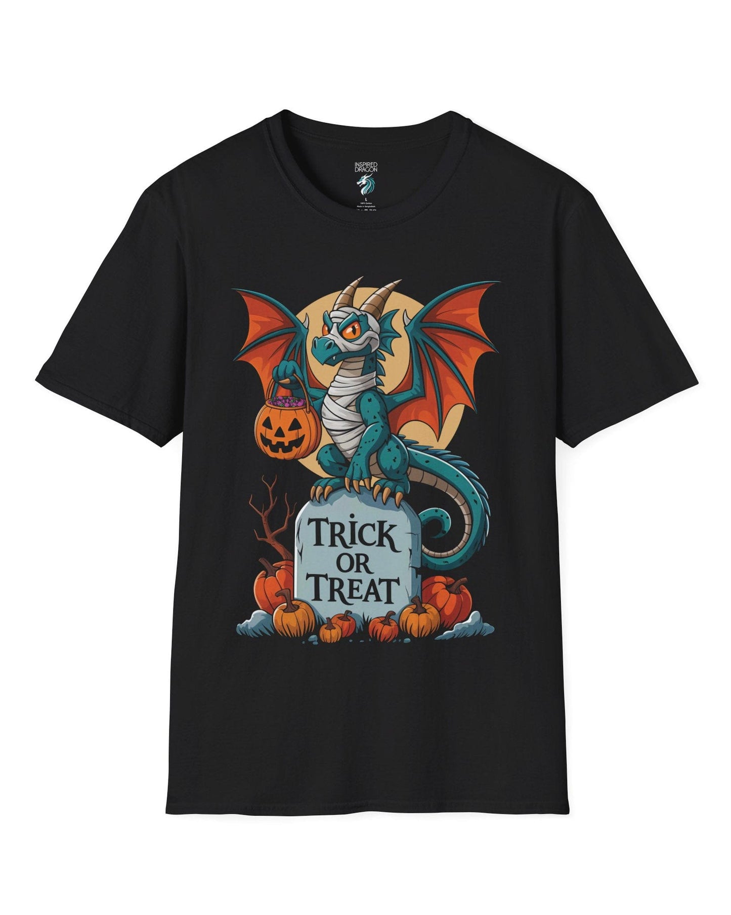 Trick or Treat shirt in black featuring a mummy dragon on a tombstone with pumpkins and a full moon.