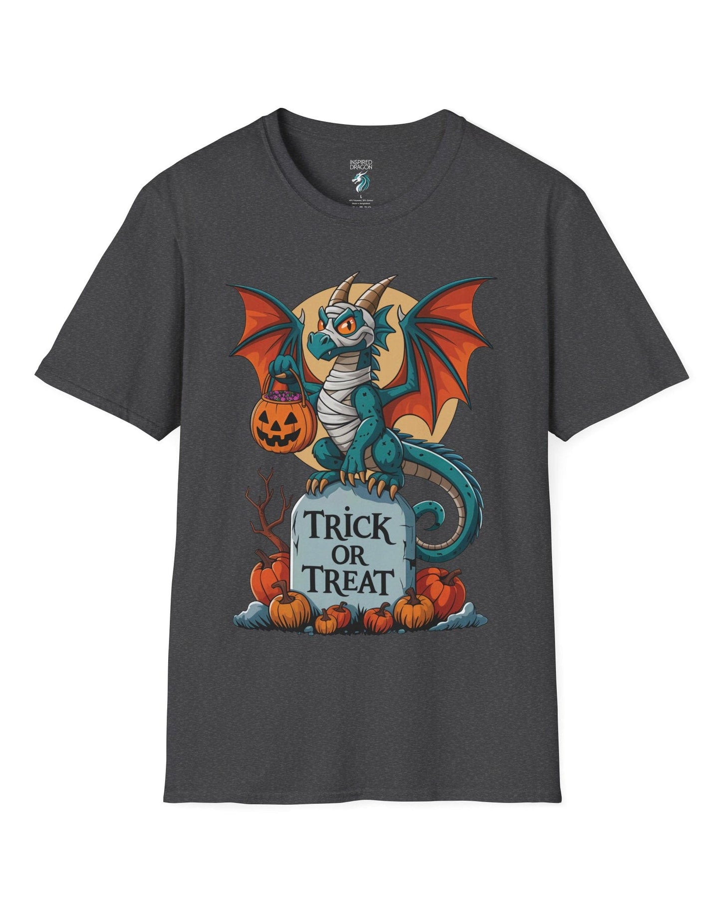 Trick or Treat shirt in dark heather grey featuring a mummy dragon on a tombstone with pumpkins and a full moon.