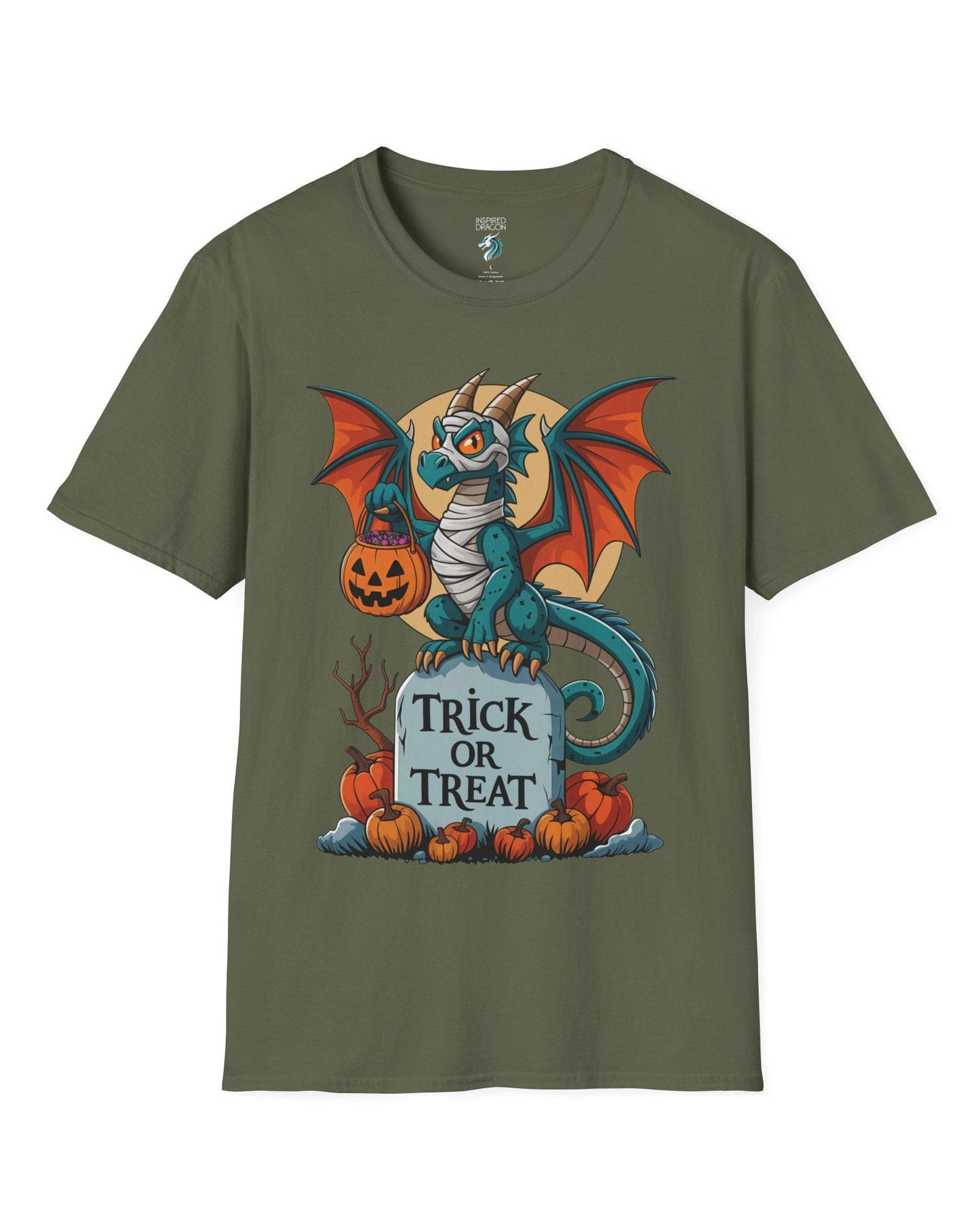 Trick or Treat shirt in military green featuring a mummy dragon on a tombstone with pumpkins and a full moon.