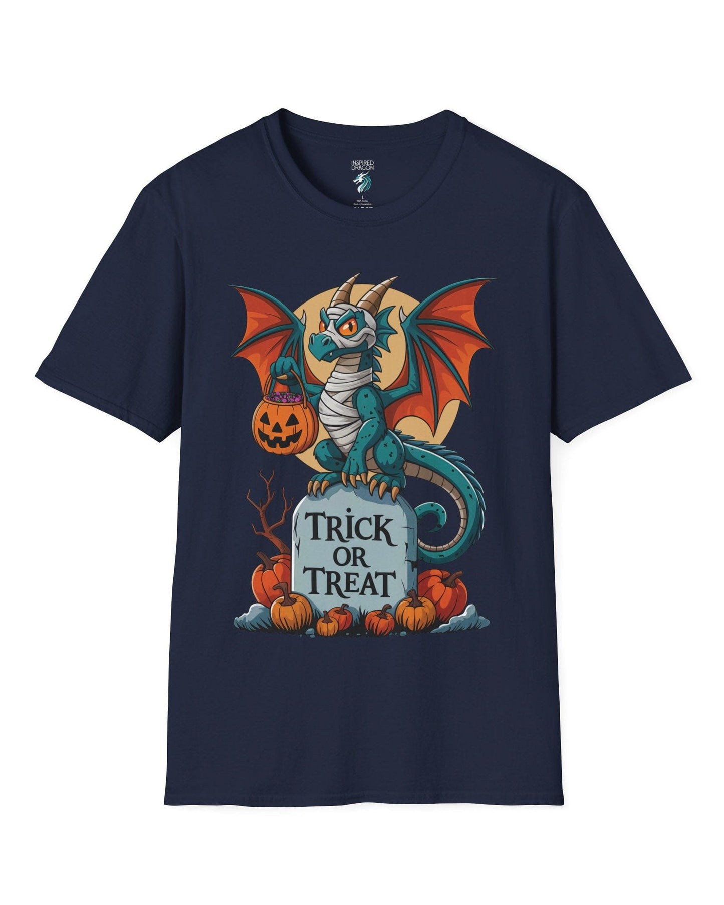 Trick or Treat shirt in navy featuring a mummy dragon on a tombstone with pumpkins and a full moon.