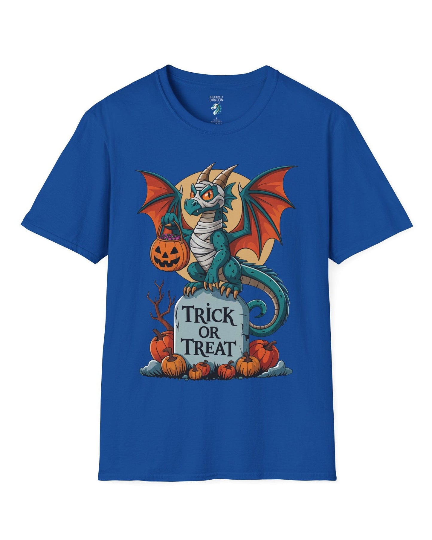 Trick or Treat shirt in royal blue featuring a mummy dragon on a tombstone with pumpkins and a full moon.
