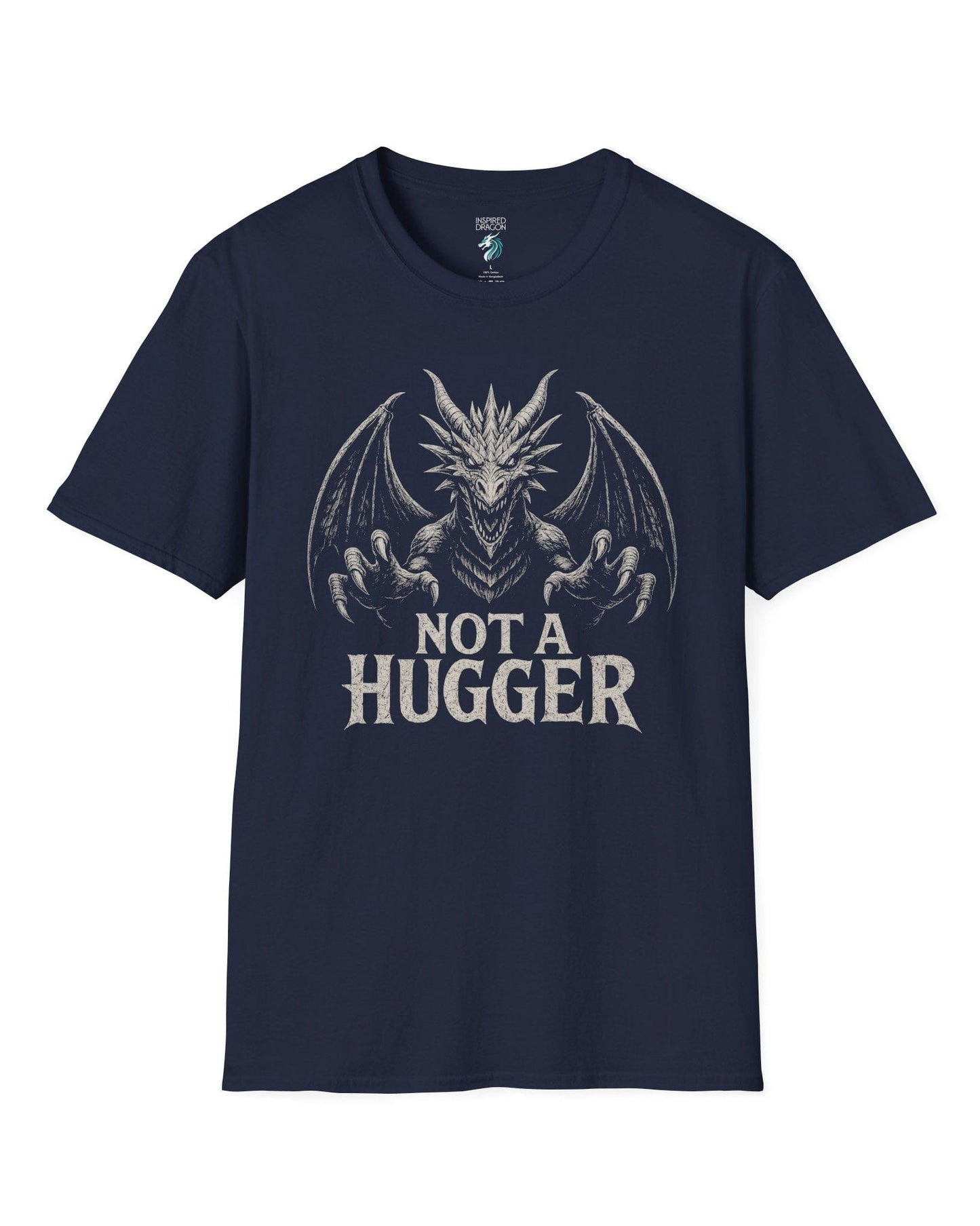 Not a Hugger shirt in navy featuring a menacing dragon with claws outstretched and wings spread wide.