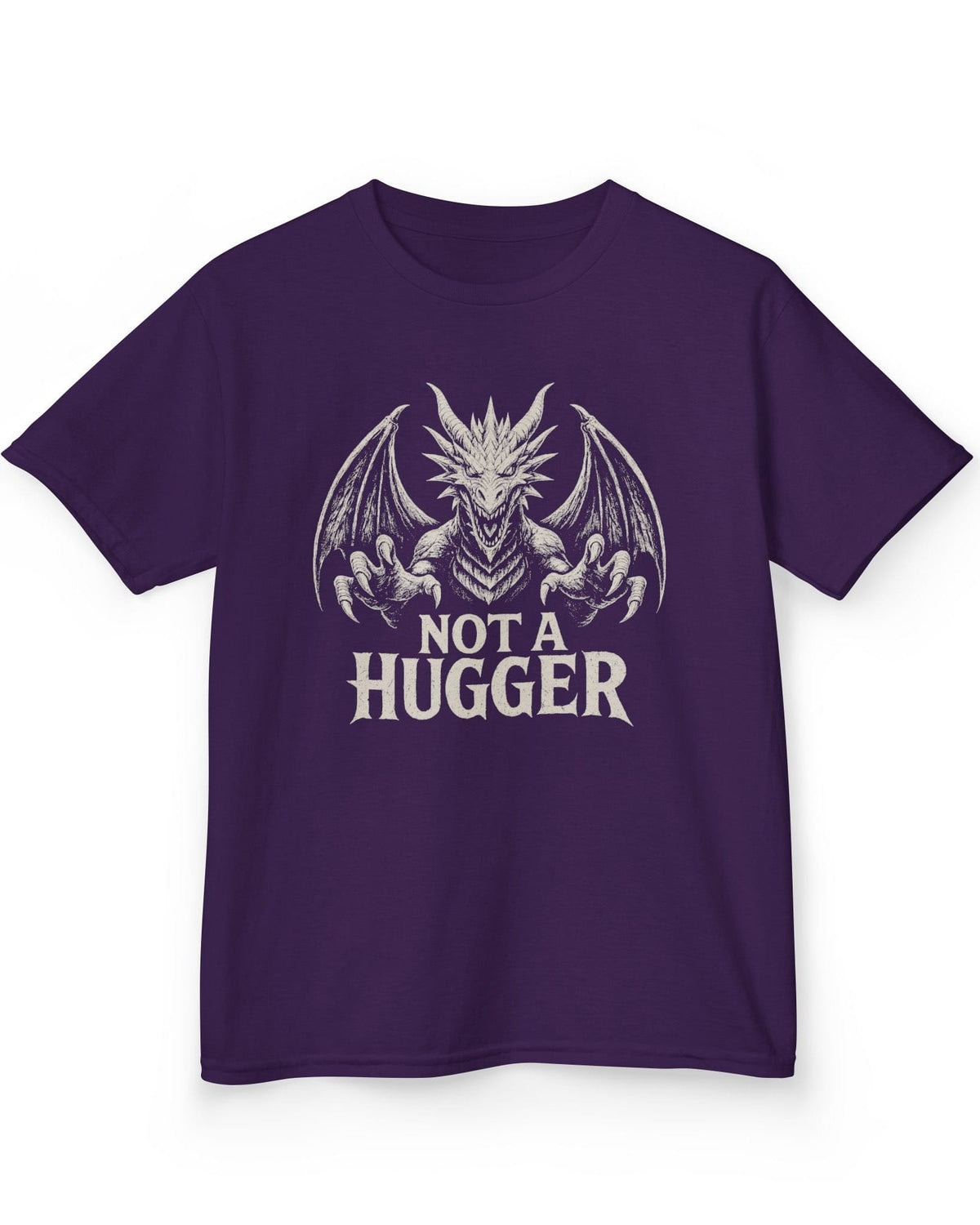 Not a Hugger shirt in purple featuring a menacing dragon with claws outstretched and wings spread wide.
