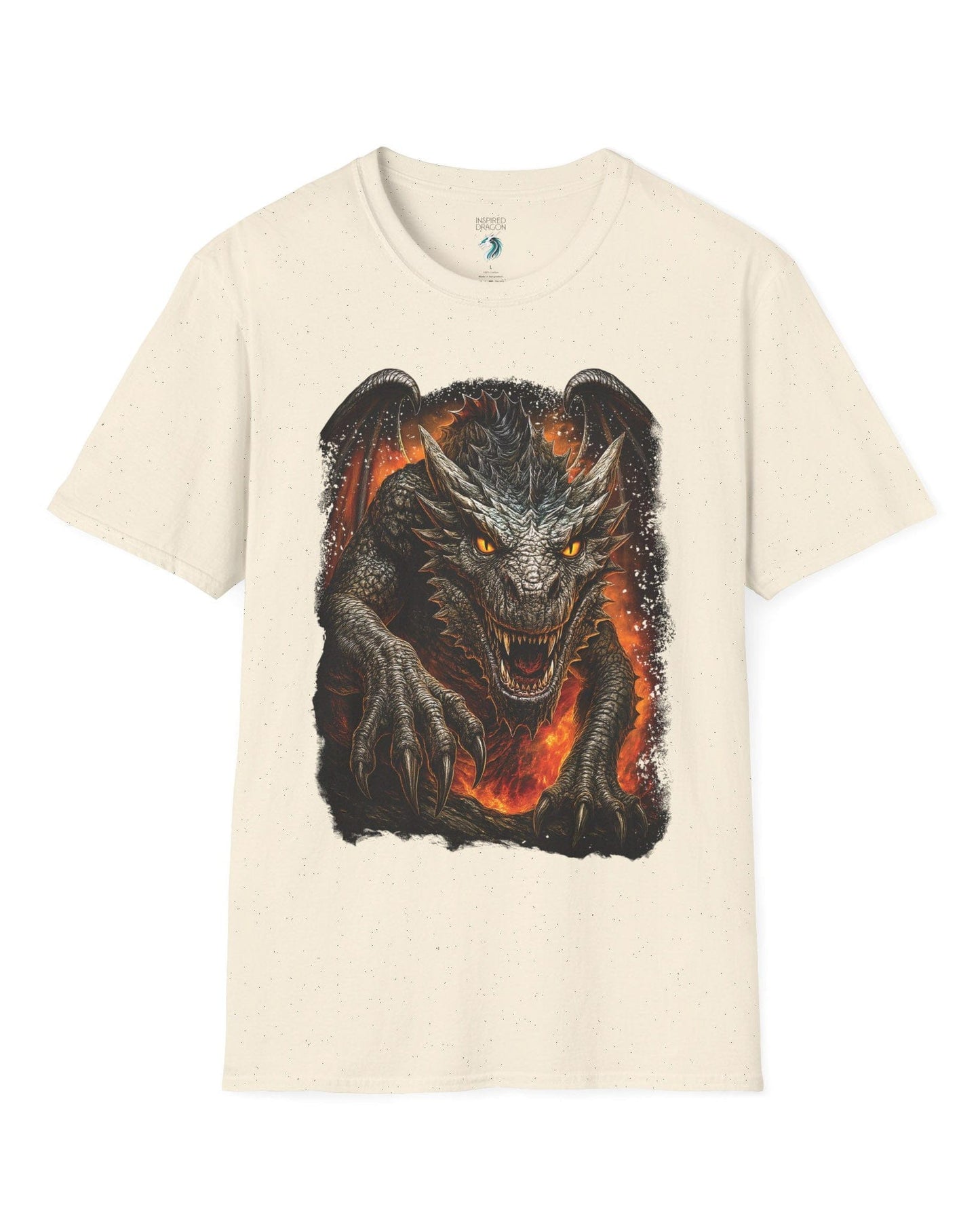 On the Prowl shirt in natural featuring a fierce dragon emerging from fiery flames with glowing eyes.