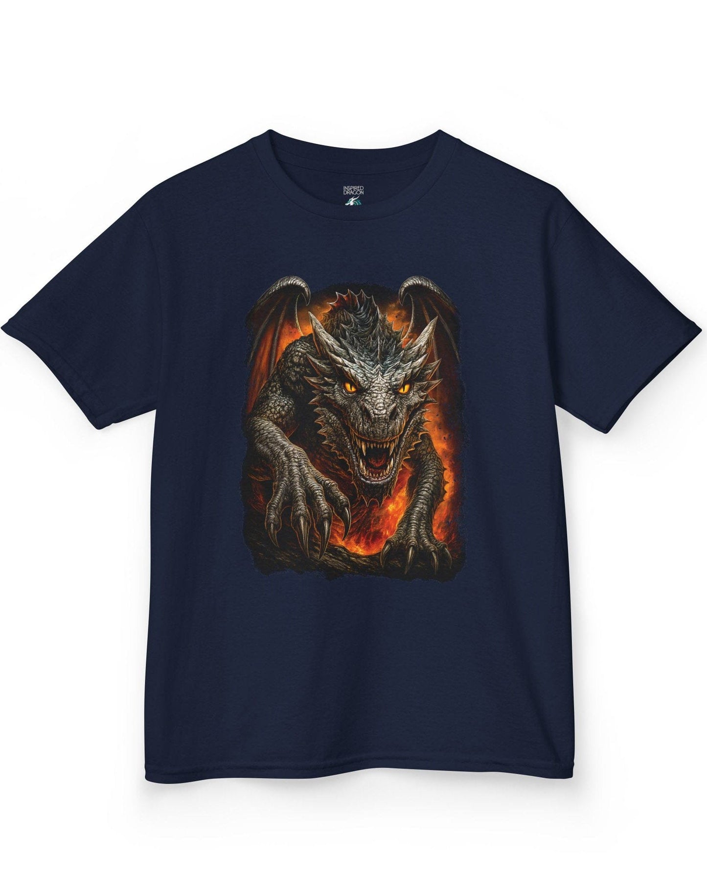 On the Prowl shirt in navy featuring a fierce dragon emerging from fiery flames with glowing eyes.