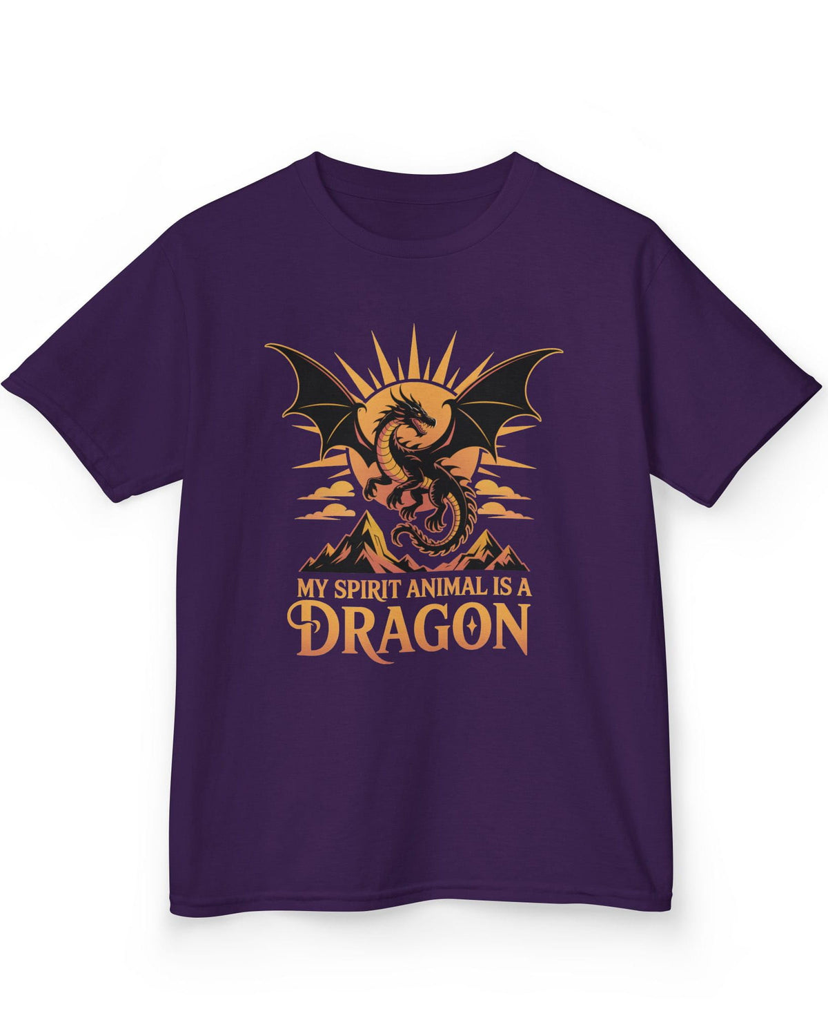 My Spirit Animal Is a Dragon shirt in purple featuring a fierce dragon soaring before a radiant orange sun.