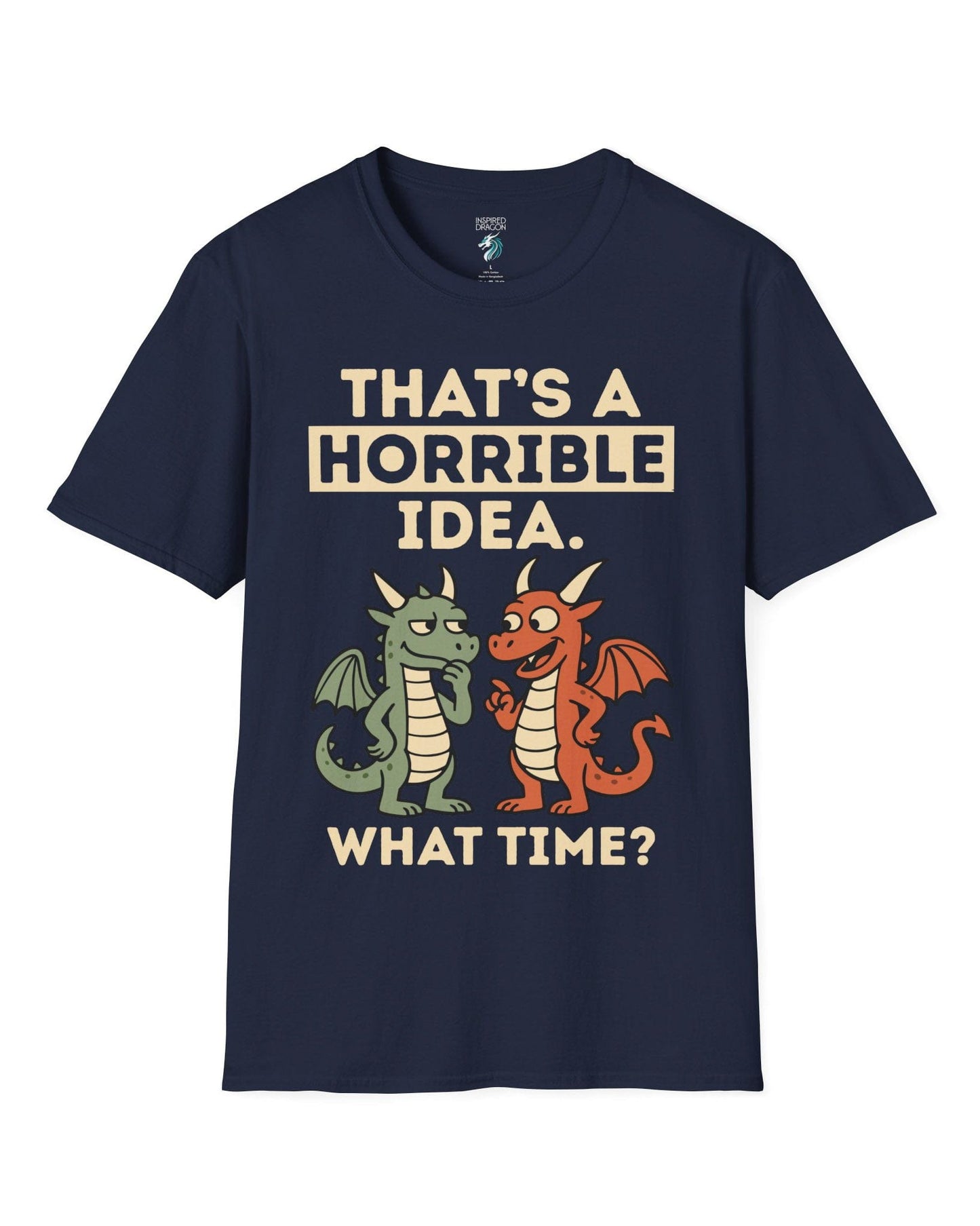Horrible Idea shirt in navy featuring two cartoon dragons plotting mischief with playful expressions.