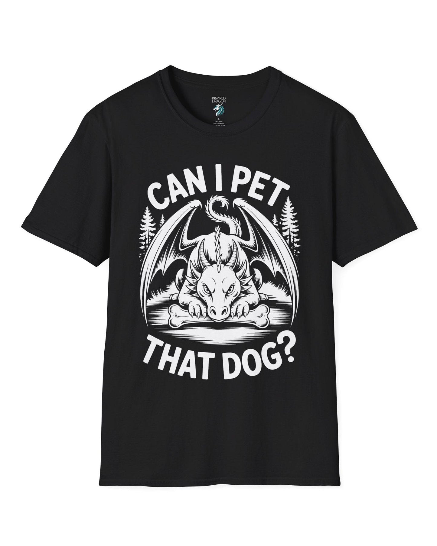 Can I Pet That Dog shirt in black featuring a fierce dragon guarding a bone with a mischievous glare.