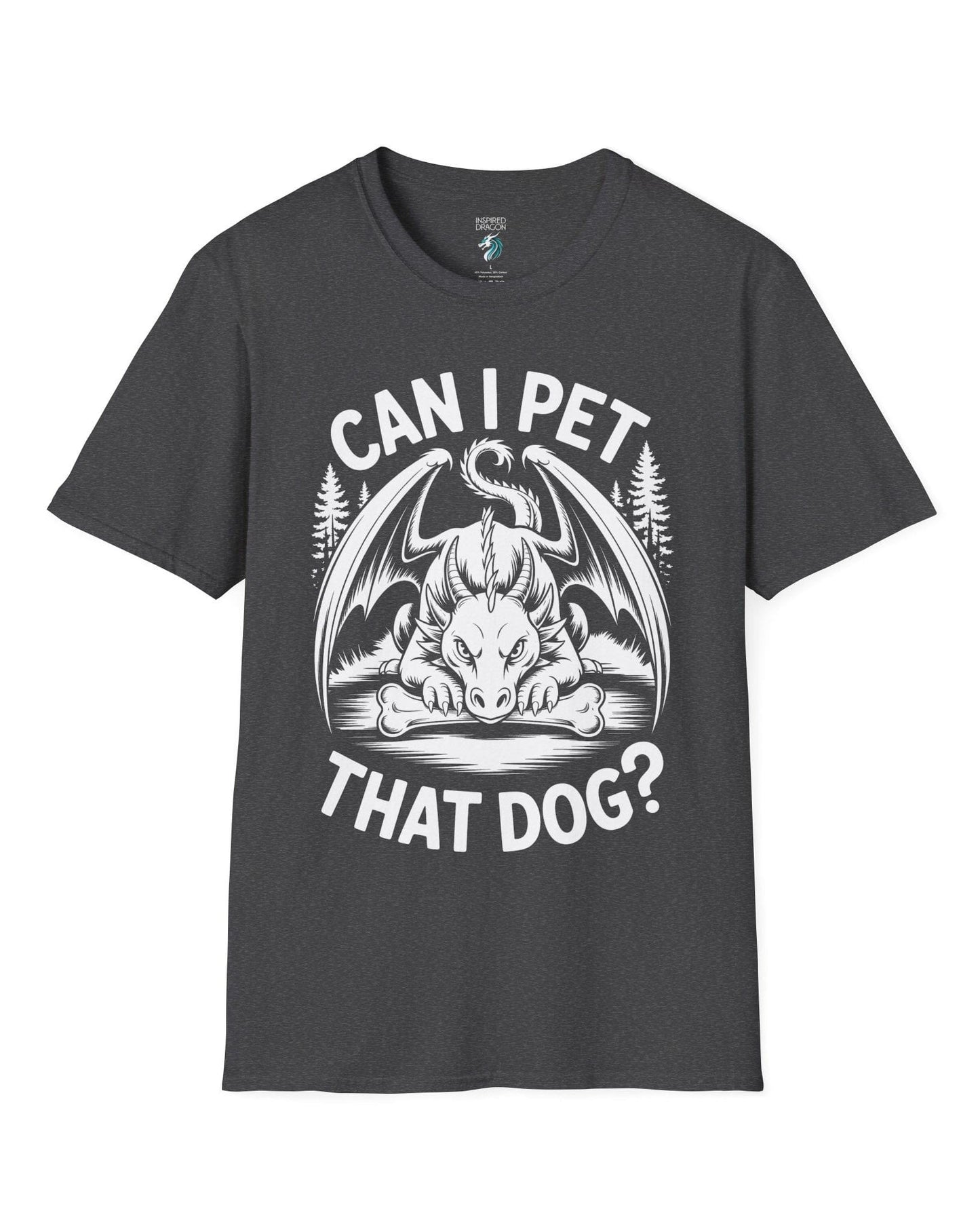 Can I Pet That Dog shirt in dark heather grey featuring a fierce dragon guarding a bone with a mischievous glare.