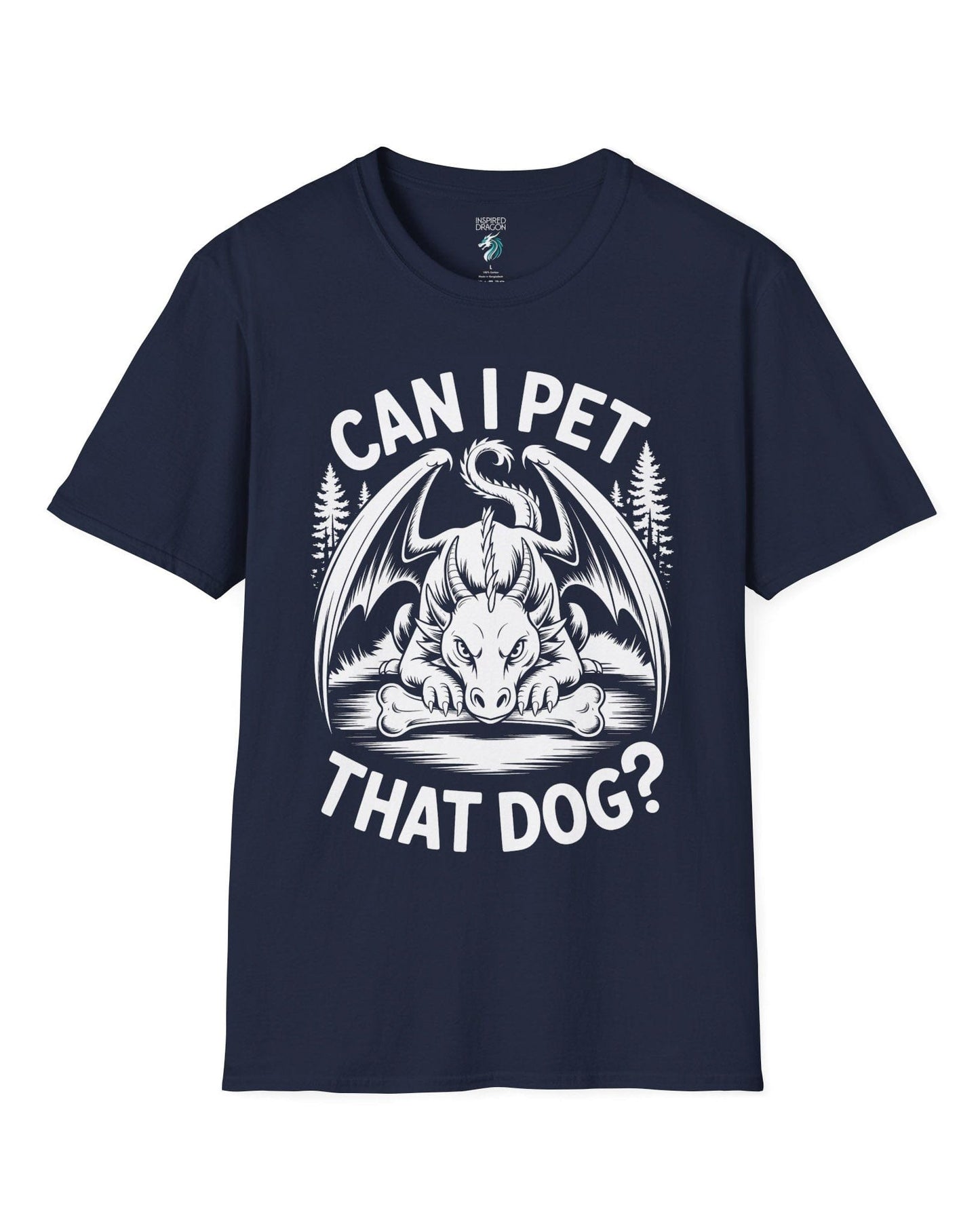 Can I Pet That Dog shirt in navy featuring a fierce dragon guarding a bone with a mischievous glare.