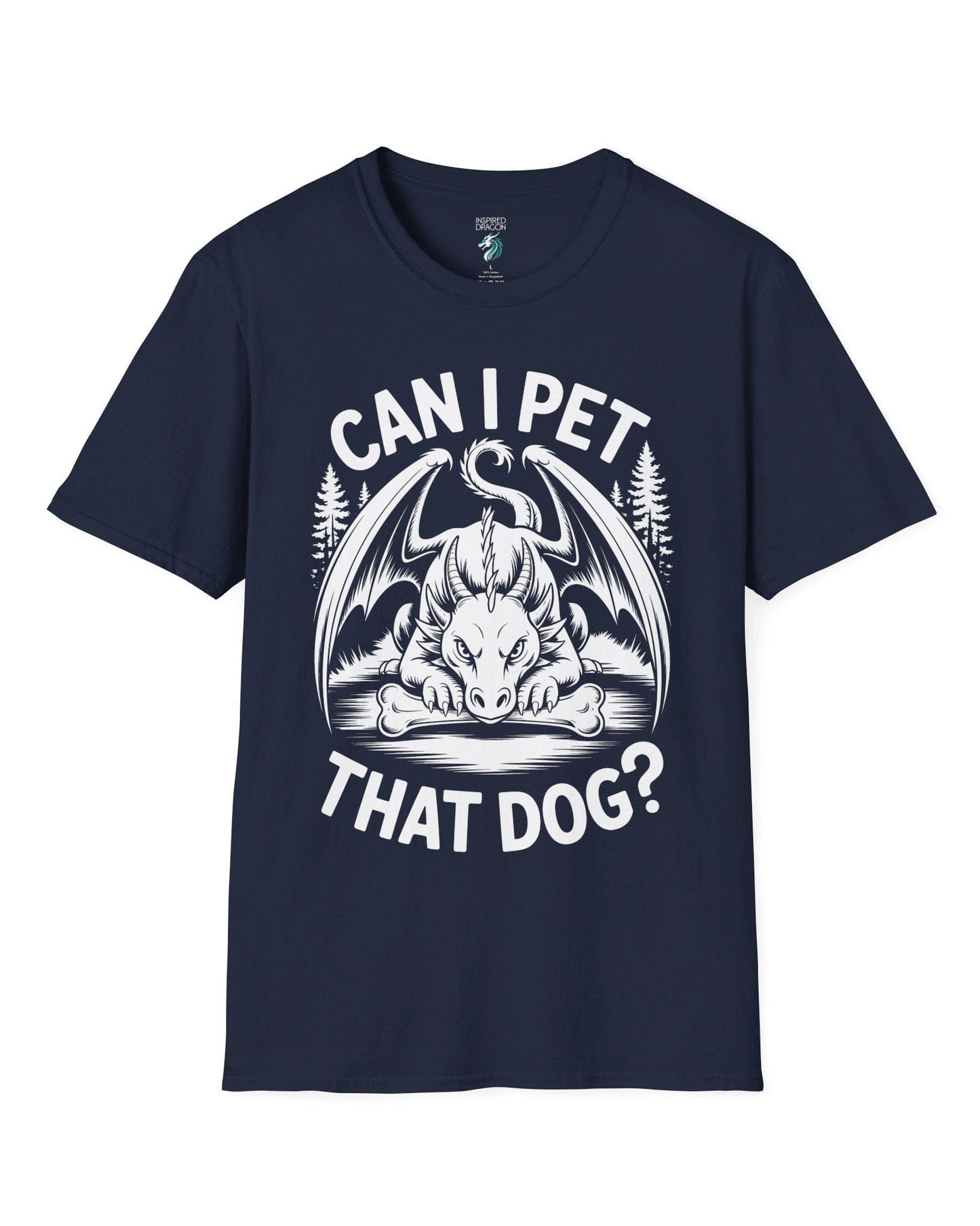 Can I Pet That Dog shirt in navy featuring a fierce dragon guarding a bone with a mischievous glare.