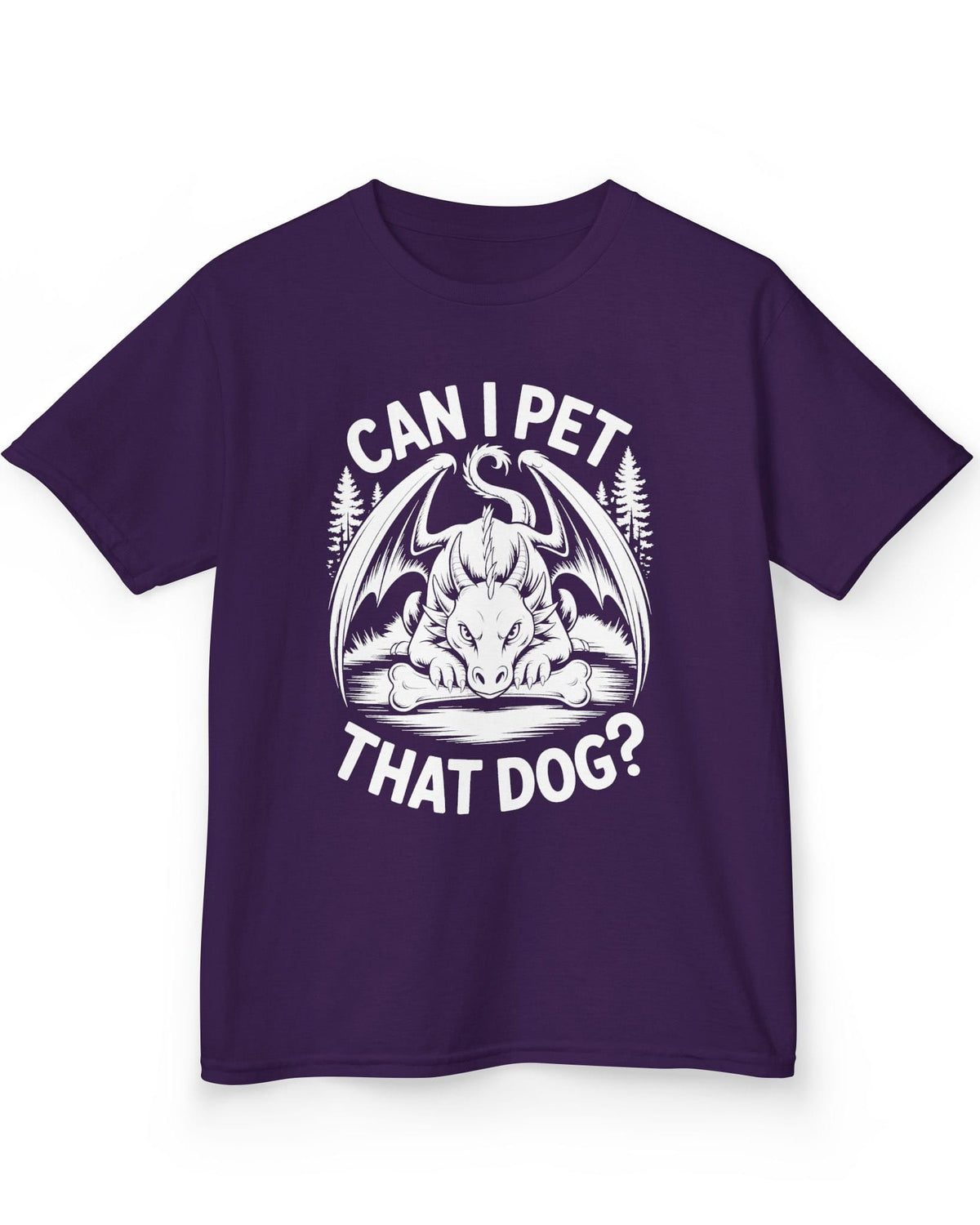 Can I Pet That Dog shirt in purple featuring a fierce dragon guarding a bone with a mischievous glare.