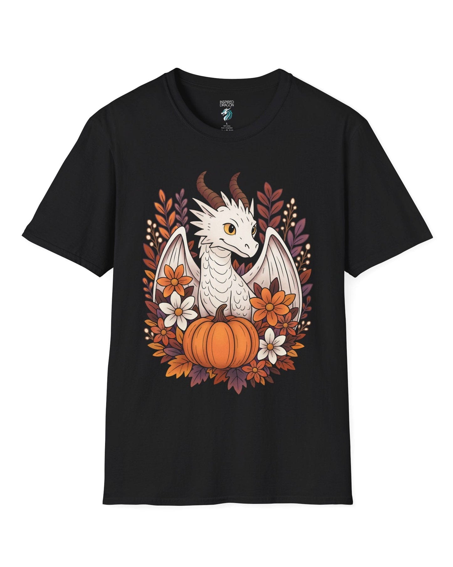 Cozy Harvest shirt in black featuring a white dragon surrounded by autumn flowers, leaves, and a pumpkin.