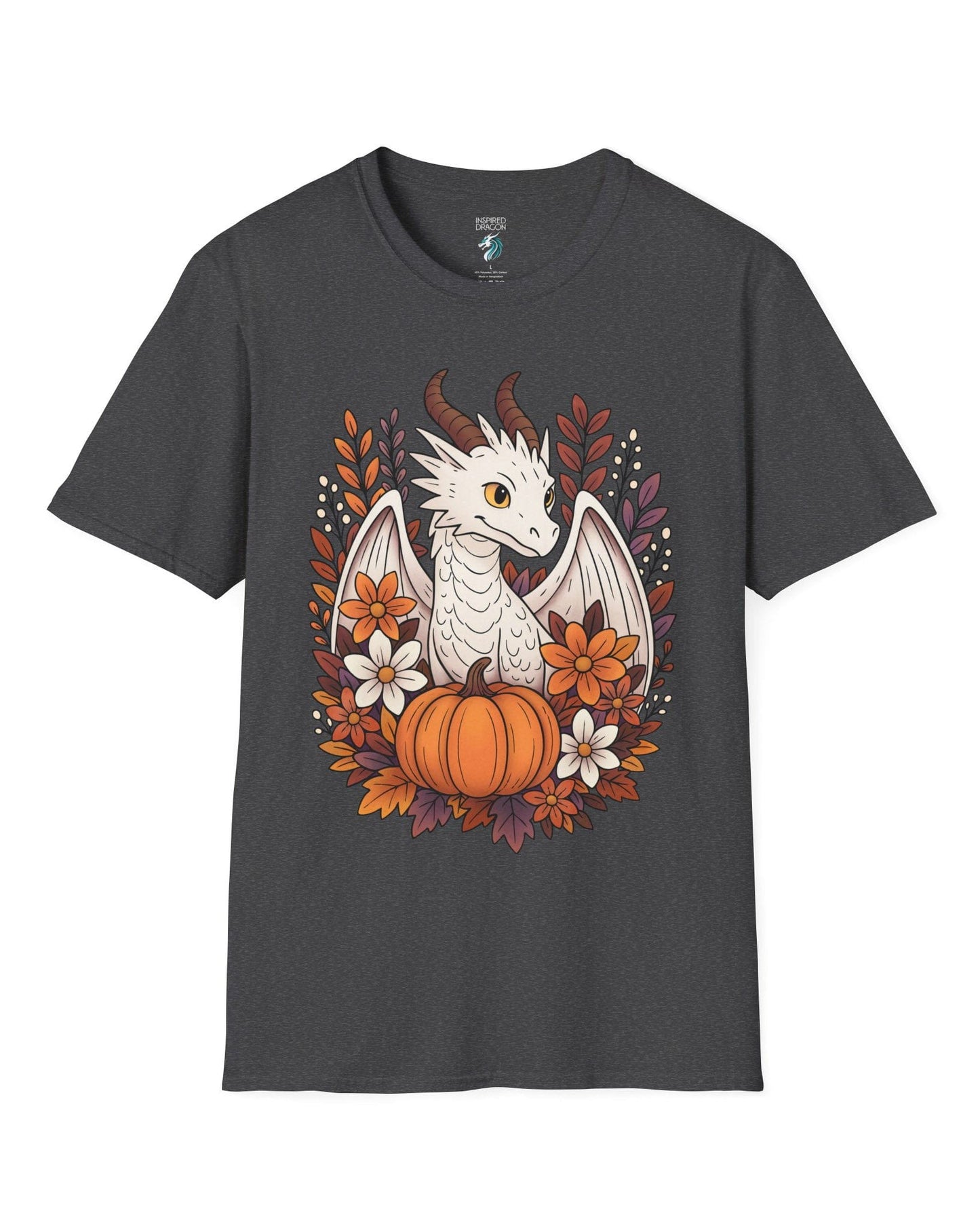 Cozy Harvest shirt in dark heather grey featuring a white dragon surrounded by autumn flowers, leaves, and a pumpkin.