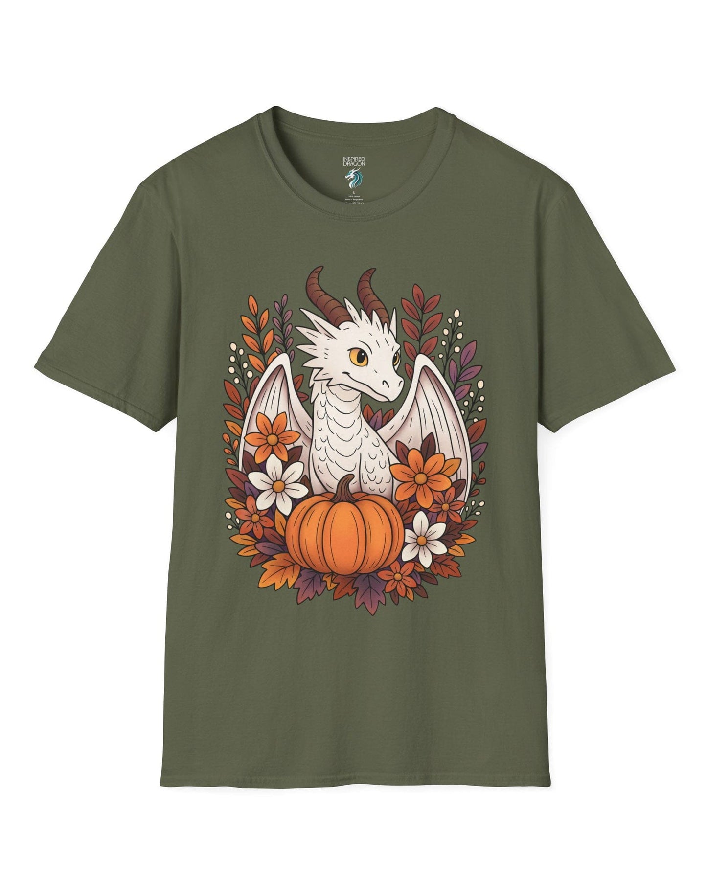 Cozy Harvest shirt in military green featuring a white dragon surrounded by autumn flowers, leaves, and a pumpkin.