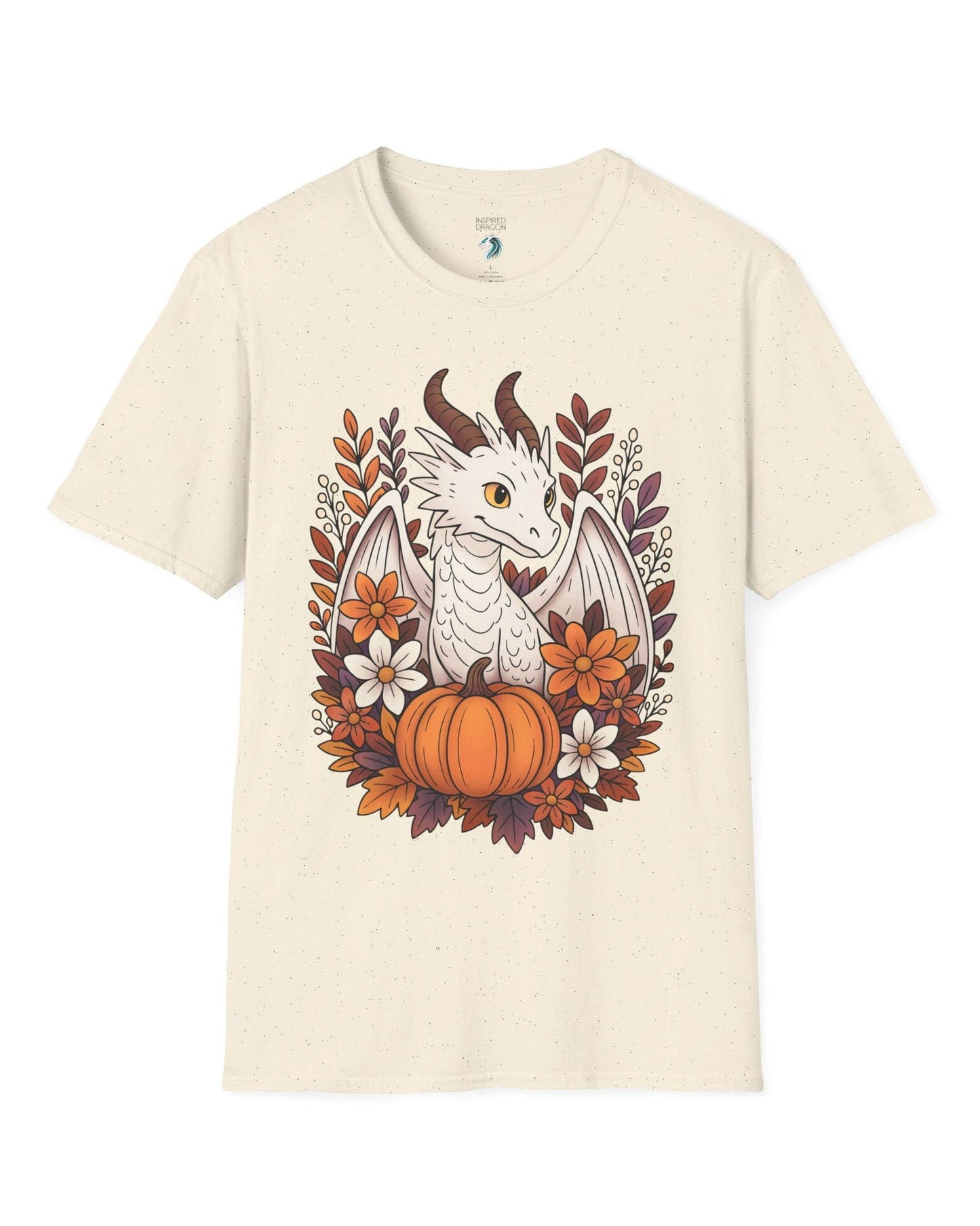 Cozy Harvest shirt in natural featuring a white dragon surrounded by autumn flowers, leaves, and a pumpkin.