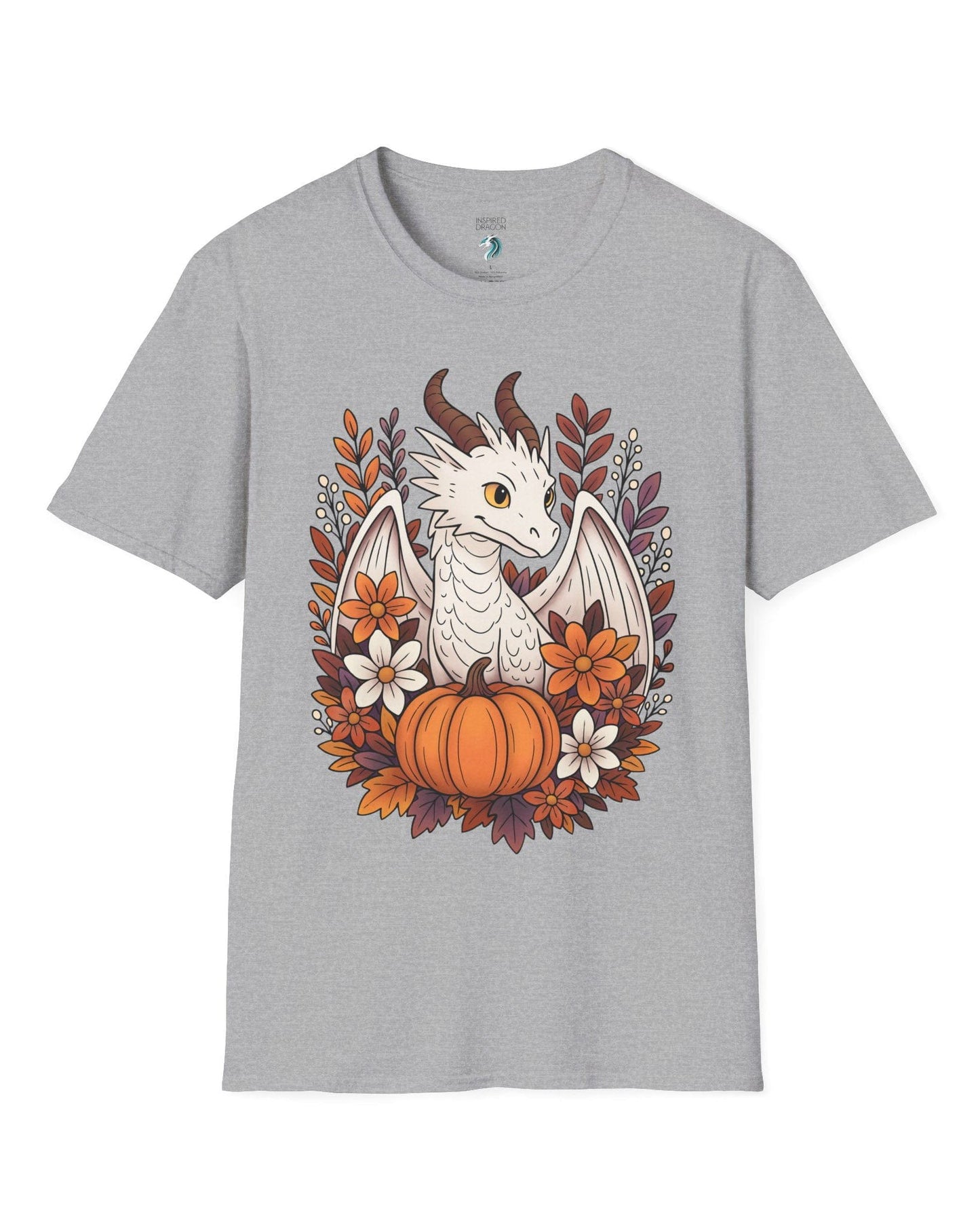 Cozy Harvest shirt in sport grey featuring a white dragon surrounded by autumn flowers, leaves, and a pumpkin.