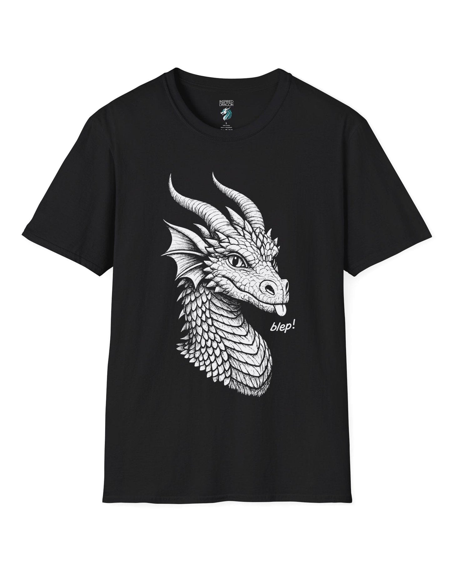 Blep! shirt in black featuring a detailed dragon sketch playfully sticking out its tongue.